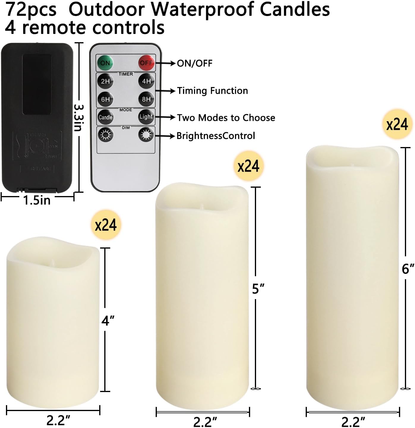 pliadvbu Flameless LED Candles 72 Pack, Outdoor Realistic Waterproof Votive Candles with 4 Remote Control and Timer for Halloween Wedding Festival Decor, (H 4" 5" 6" x D 2.2")