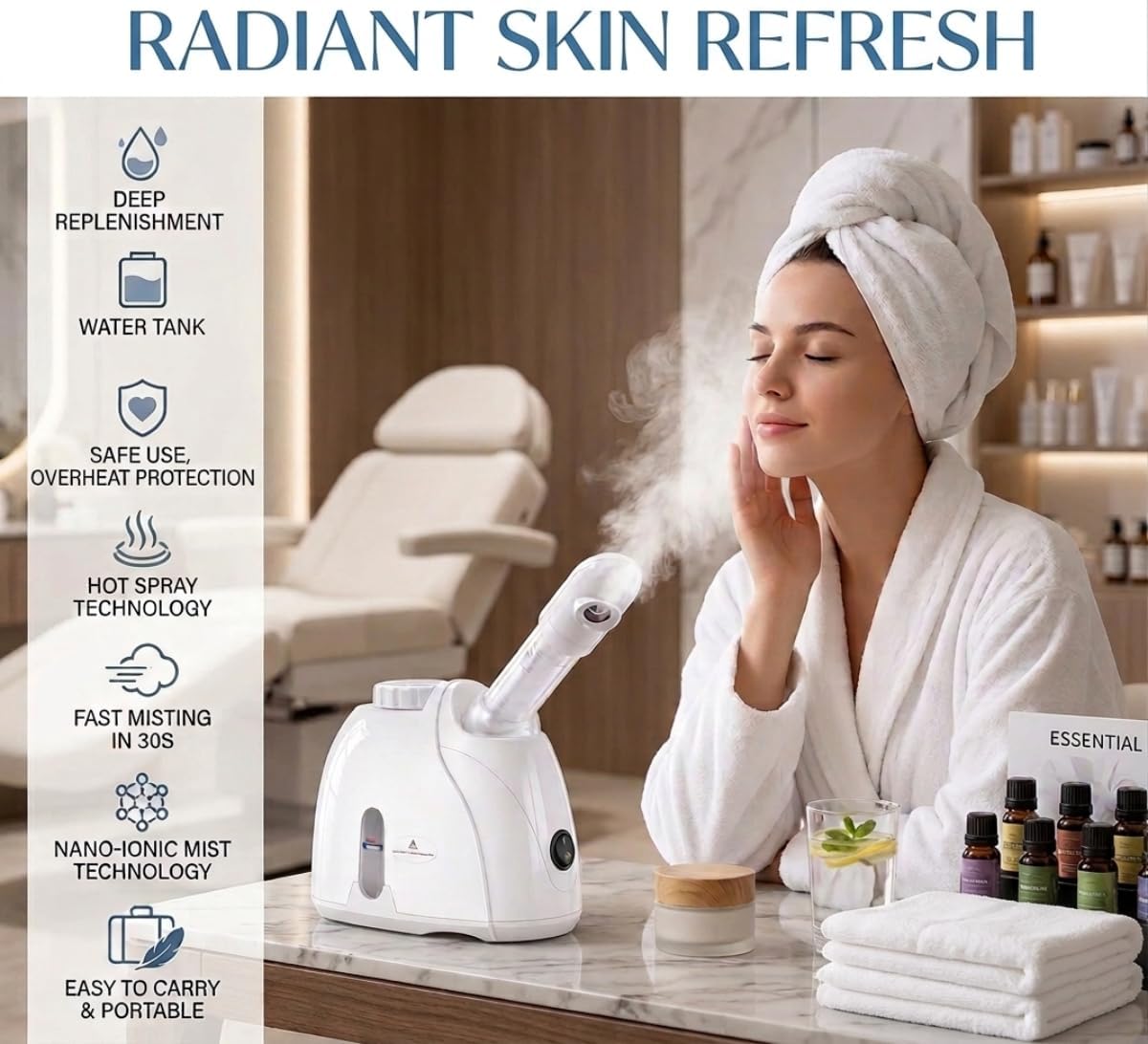 Facial Steamer Nano Ionic, Portable Face Steamer with Adjustable Arm, Deep Cleansing & Hydration, Home Spa Facial Steamer for Skin Care Routine, Pore Care Beauty Device