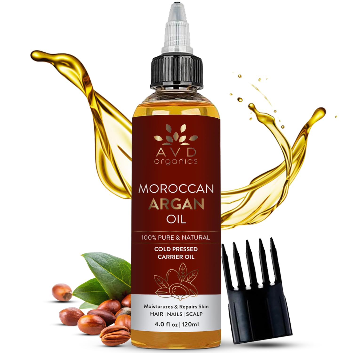 AVD Organics Argan Oil for Hair 120ml – 100% Pure & Natural Moroccan Argan Oil for Adult Hydration, Nourishing, Strengthening, Curly, Frizzy, Dry, Damaged Hair,Face, Skin, Scalp & Nails – (4.05 fl oz)