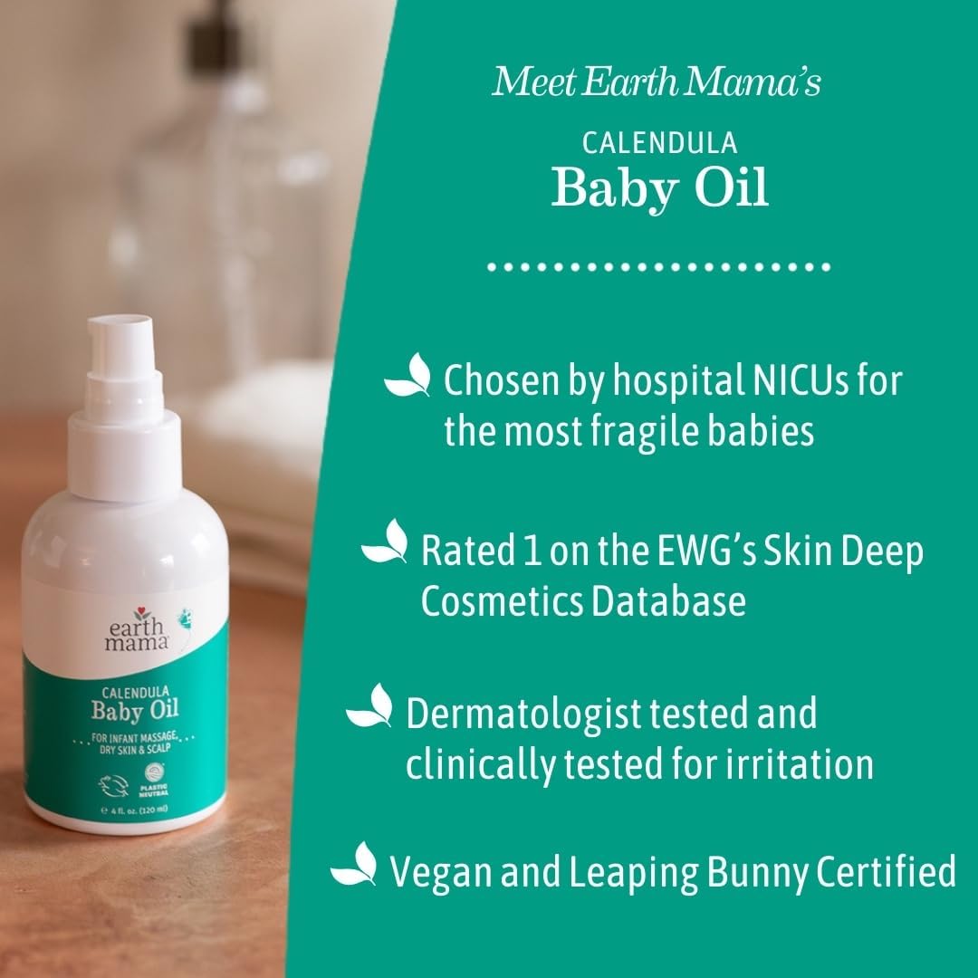 Earth Mama Calendula Baby Oil - Body and Massage Oil for Newborns and Infants - 4 fl oz - Fragrance-Free - Dry Skin & Scalp Moisturizer
