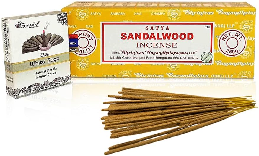 Satya Sai Baba Satya Sandalwood 250 gm Incense Sticks with Free Vedic White Sage Natural Incense Cones (Agarbatti Box 250 Grams All Sticks for Refinement, Concentration and Serenity)