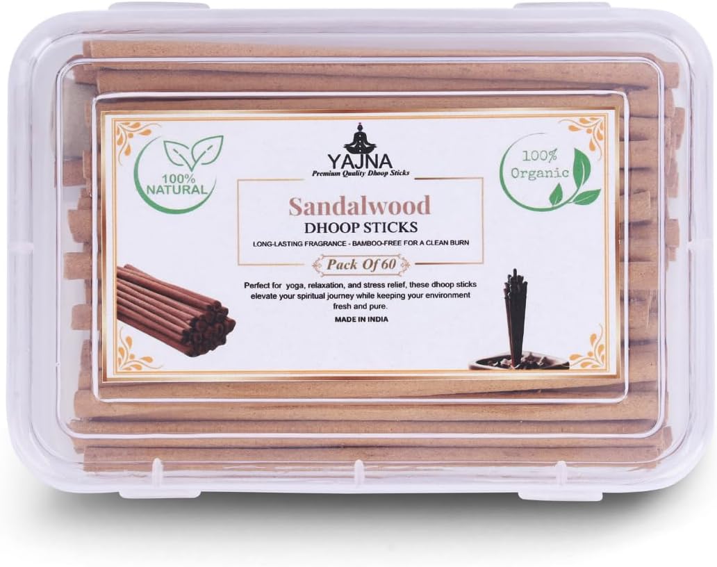 Yajna Sandalwood-100%-Natural-Incense-Bambooless-Dhoop-Sticks Handmade-Organic-Chemicals-Free for-Purification-Relaxation-Positivity-Yoga-Meditation The-Best-scents-4.5-Inches-60-Count
