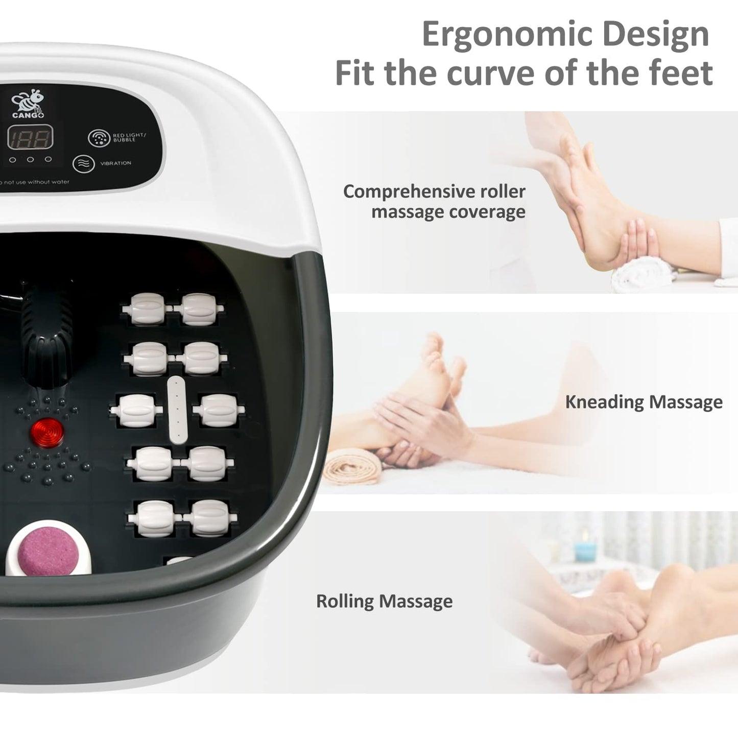 Foot Spa Bath Massager with Heat Bubbles and Vibration Massage and Jets, 16 OZ Calming Lavender Foot Soak Epsom Salt, CANGO Foot Soaker With Infrared Light, 22 Massage Rollers, Adjustable Temp - Black