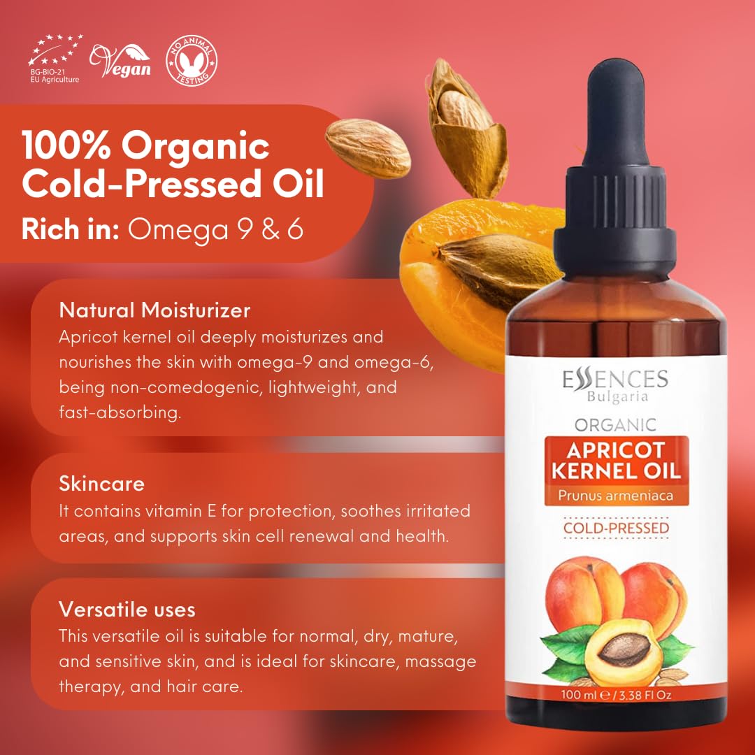 Essences Bulgaria Organic Apricot Kernel Oil 3.4 Fl Oz | 100ml | 100% Natural Cold-Pressed Oil | Therapeutic Quality | Family Owned Farm | Massage Base Oil | Natural Moisturizer | Ideal Carrier Oil