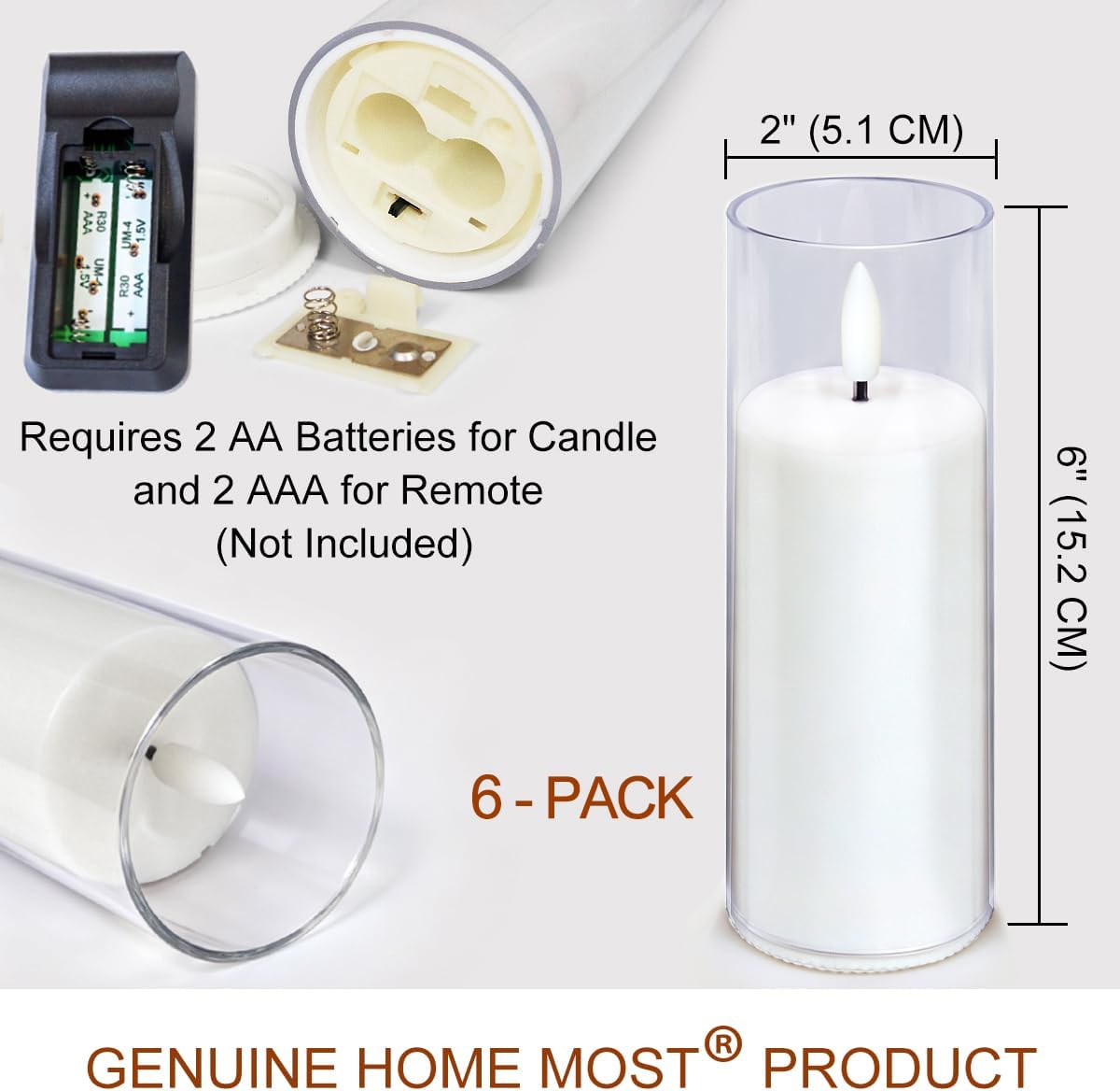 6-Pack 6" White Flickering Candle Lights with 10-Key Remote & Timer - Waterproof LED Flameless Pillar Candles - Battery Operated Outdoor Decorative Lights - Festival Party Home Decoration
