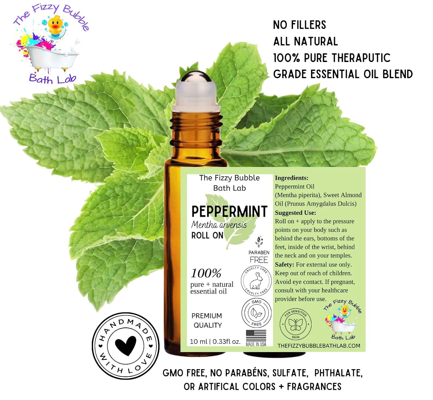 Organic Peppermint Essential Oil Roll On, 100% Pure USDA Certified, Mentha Piperita, Aromatherapy for Headache, Migraine, Hair & Energy - 10 ml Roller by The Fizzy Bubble Bath Lab