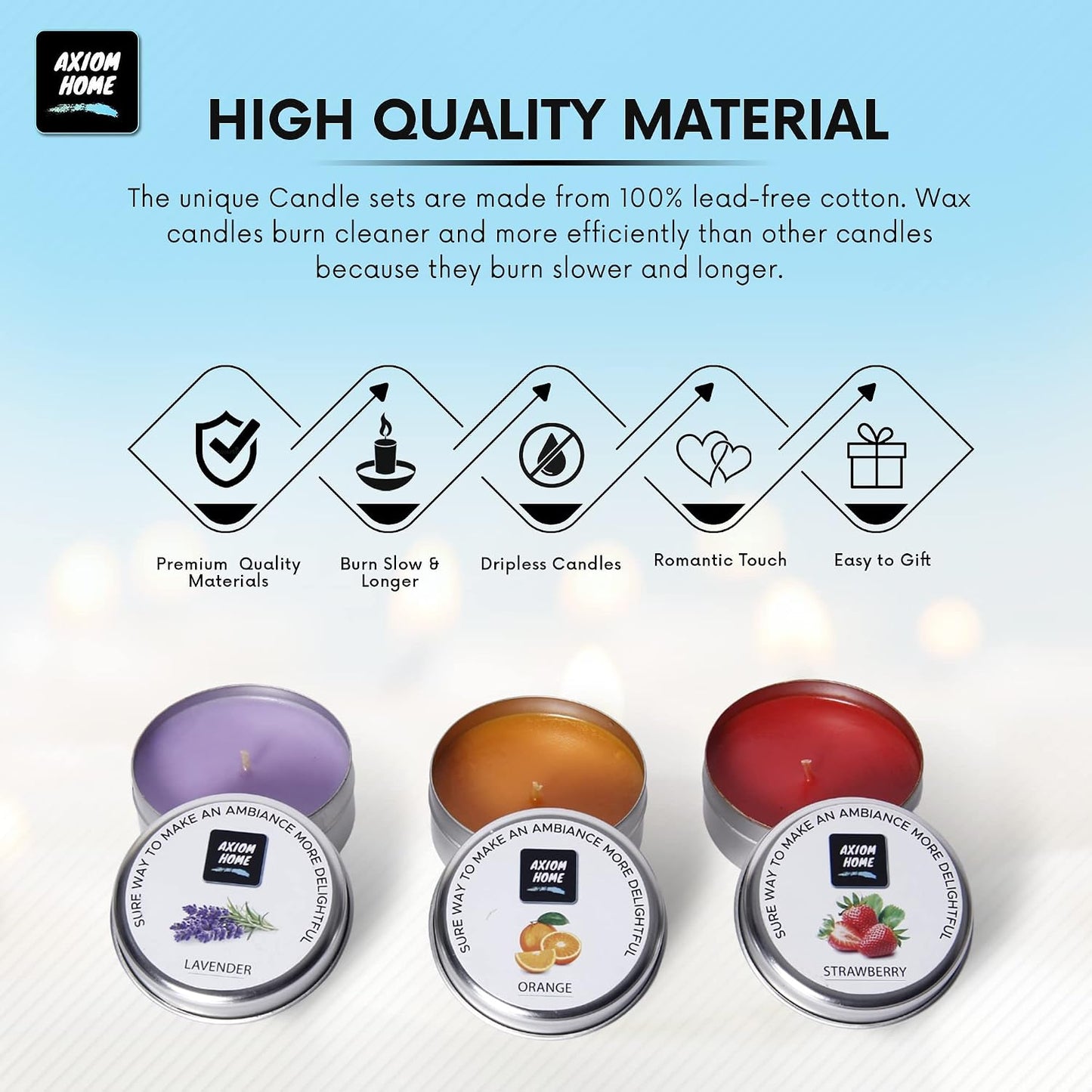 Axiom Pack of 3 Light Scented Tin Candles 12 Hours Long Lasting Combo Strawberry Orange Lavender Smokeless Stress Relief & Aromatherapy Natural Candle Gift for Mothers Day & Valentine's Day
