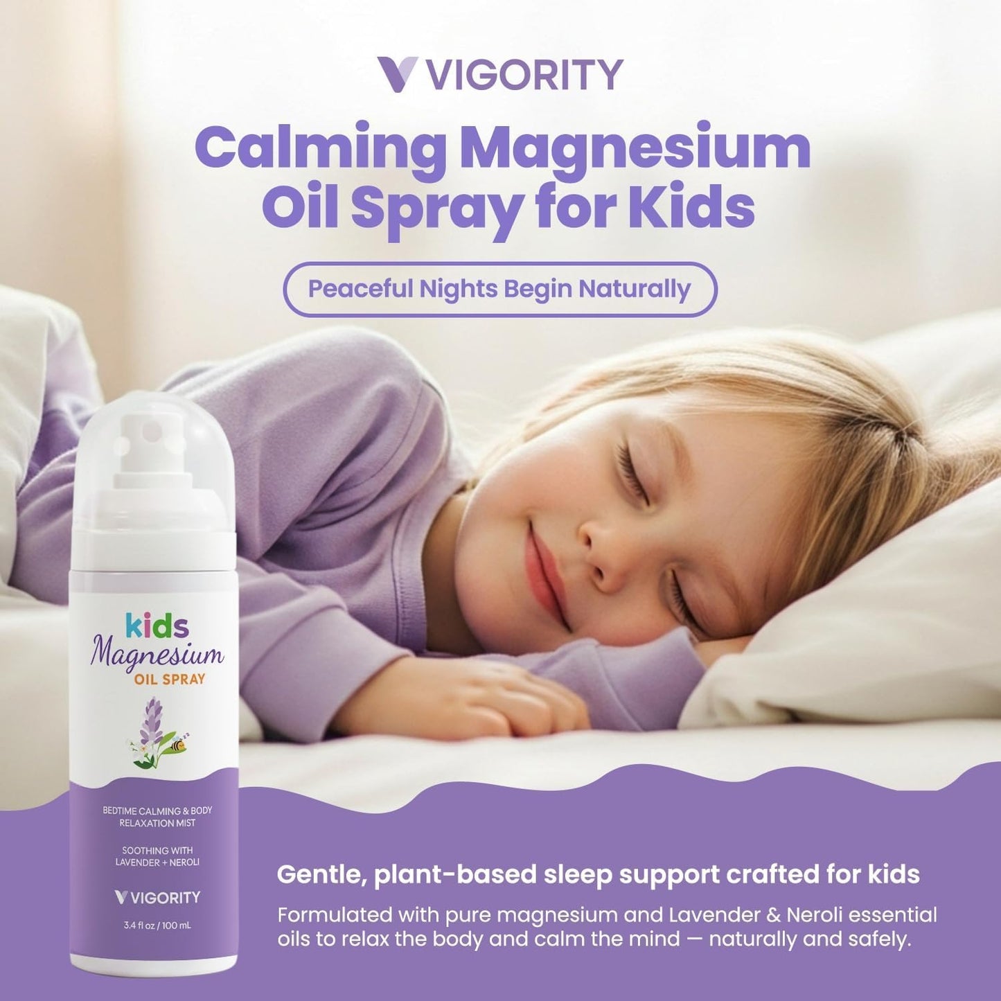 Vigority Kids Magnesium Spray with Lavender & Neroli – Lightweight Magnesium Body Mist for Legs, Feet, Pillow & Room – Gentle Bedtime Spray for Kids Evening Routines (3.4 fl. oz.)