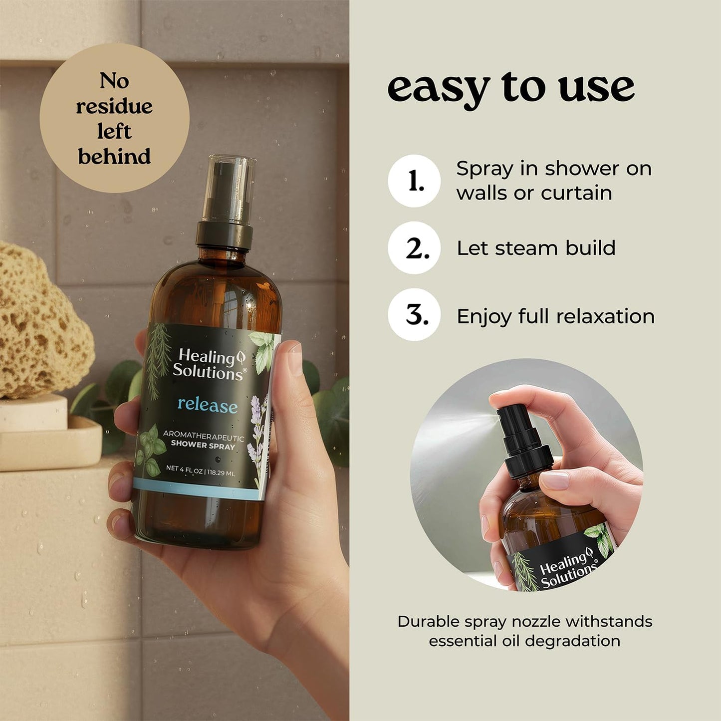 Healing Solutions Aromatherapy Shower Spray, Release Blend, 4oz, Therapeutic Grade Essential Oils, Made in the USA, At Home Spa Experience. Promotes Head Relief (4oz, Release)
