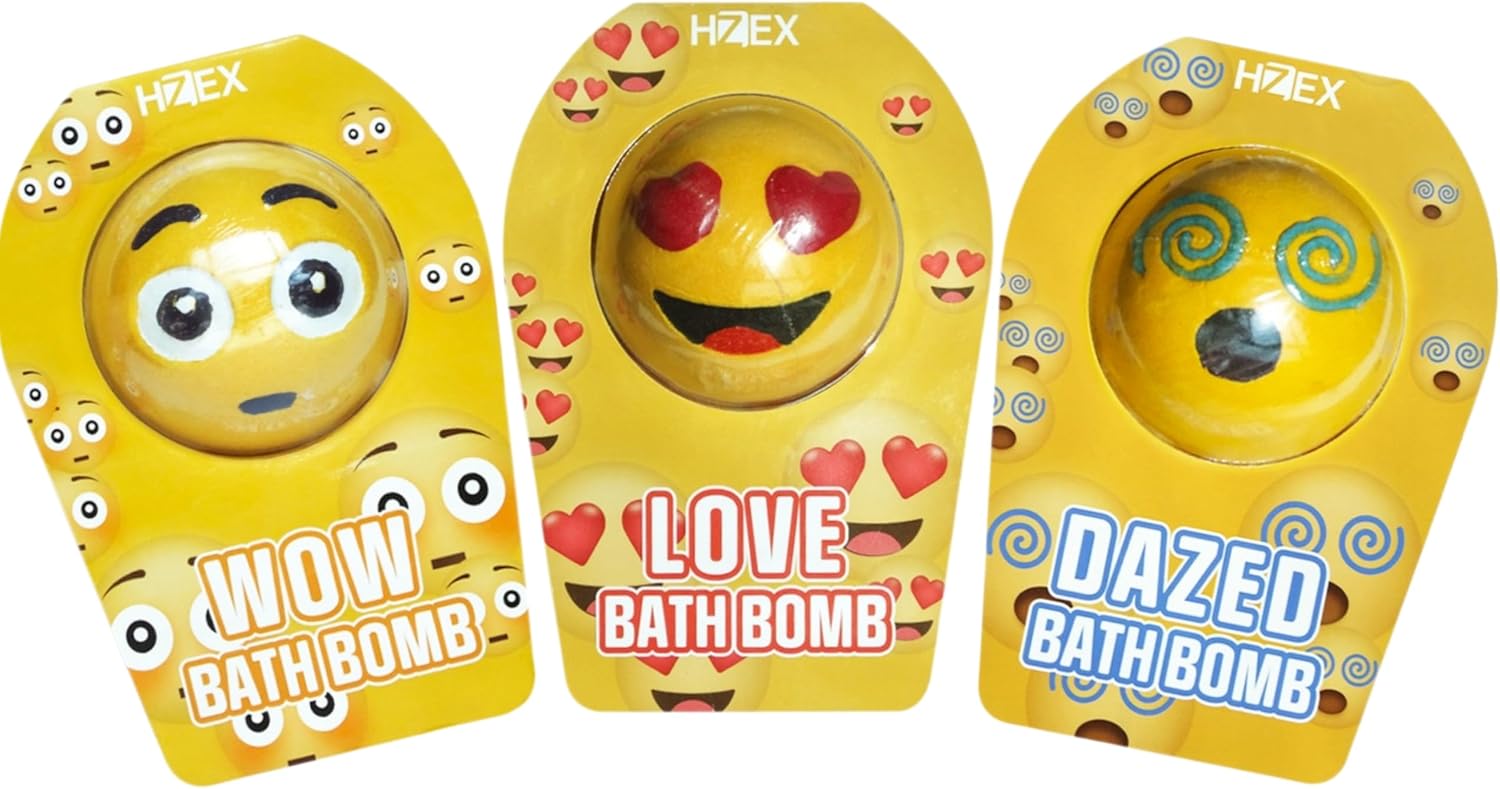 HZEX 3 Large Emotion Face Bath Bombs (250g) – Fun Emoji-Inspired Spa Fizzies – Handmade with Shea Butter, Cocoa Butter & Essential Oils – Moisturizing Gift Set for Women, Men & Kids