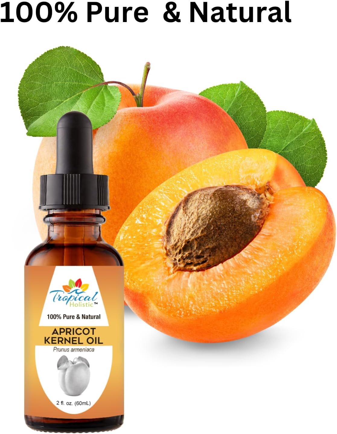 Tropical Holistic 100% Pure Organic Apricot Kernel Oil, 2 oz - Natural Cold-Pressed Apricot Seed Oil from Turkey - Ideal for Massage, Skincare, Hair, Body, Aromatherapy for Men & Women