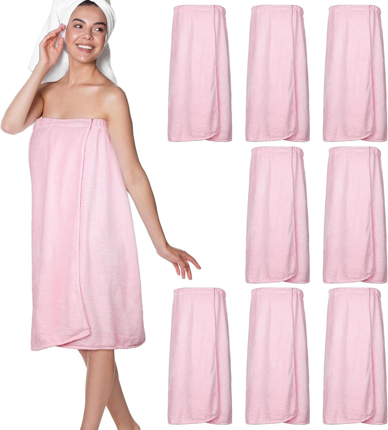 Tigeen 8 Pcs Spa Wraps for Women,Towel Wrap Waffle Spa Robe with Adjustable Closure Elastic Lightweight for Bath Shower(Pink,Medium)