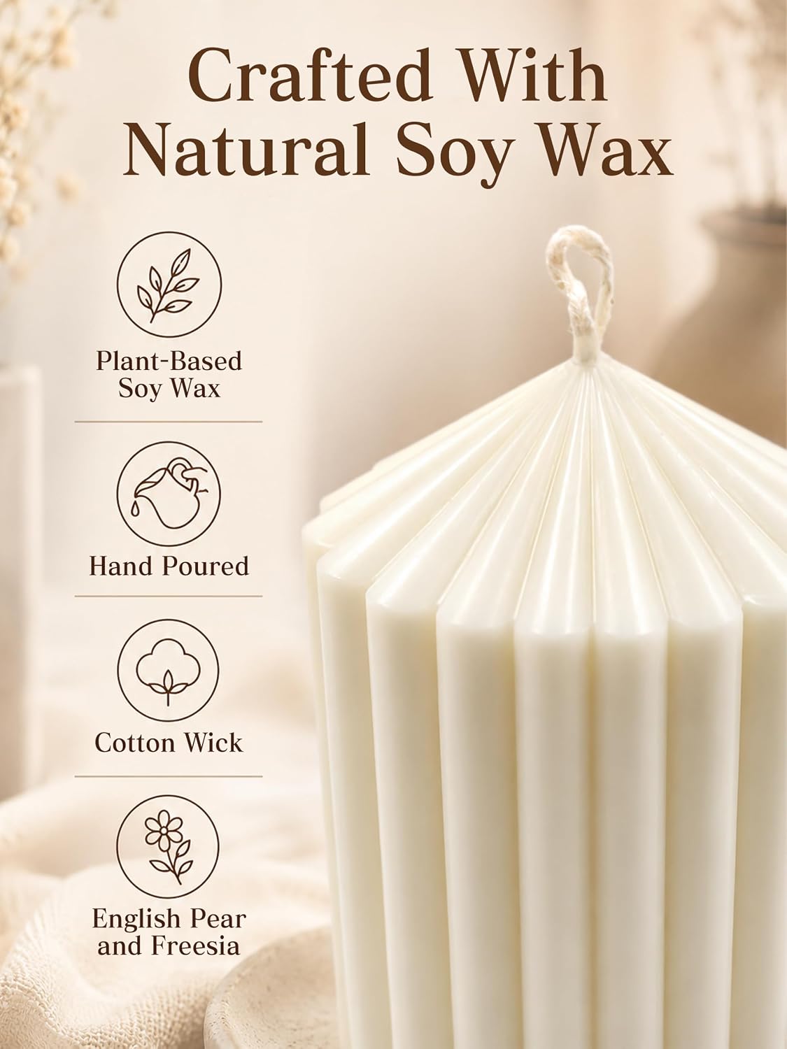 White Ribbed Pillar Candle, Decorative Home Gift, 8 Inch