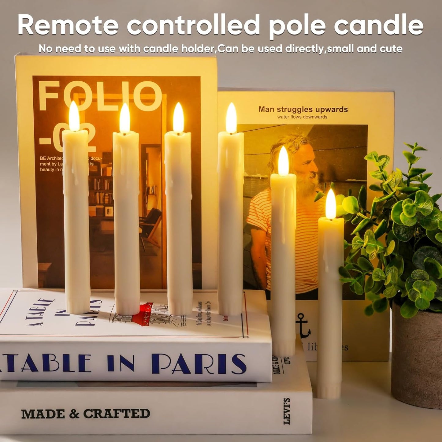 Homemory 7 Inches Flameless Taper Candles with Remote Timer, Short Led Candlesticks with 3D Flickering Light, Battery Operated Candles with Lifelike Flame for Wedding Home Xmas Decor, Ivory, 6 Pcs