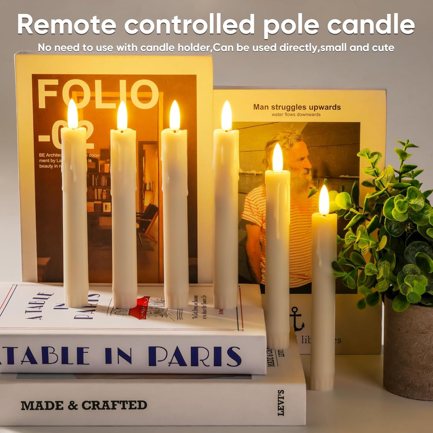 Homemory 7 Inches Flameless Taper Candles with Remote Timer, Short Led Candlesticks with 3D Flickering Light, Battery Operated Candles with Lifelike Flame for Wedding Home Xmas Decor, Ivory, 6 Pcs
