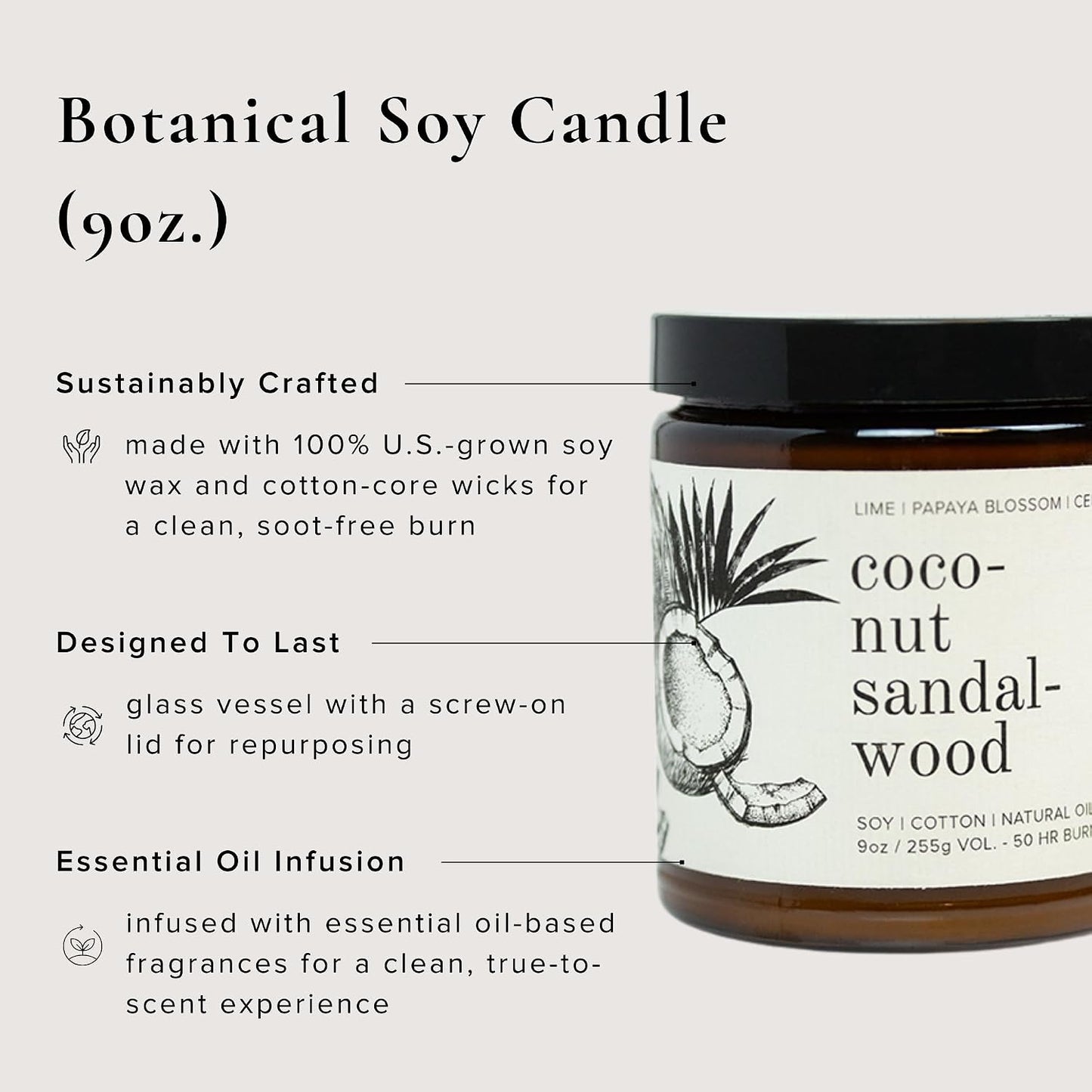 Broken Top Coconut Sandalwood Pure Soy Candle | 9 oz. | Lime, Papaya & Cedar. 50-Hour Burn Time. Natural Cotton Wick, Vegan, No Parabens, No Phthalates