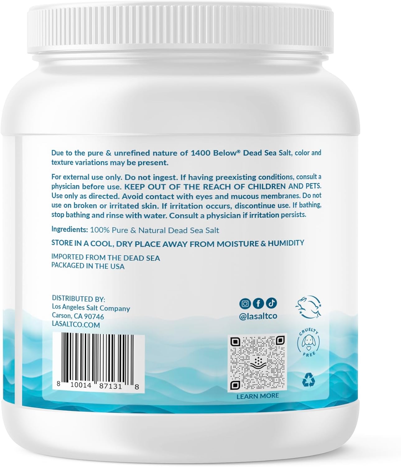 LA SALT CO 1400 Below 5 Lbs Jar Dead Sea Salt, Fine Grain - Foot and Spa Bath Soak, Exfoliating Body Scrub, 100% Pure and Mineral-Rich, Highest Mineral Content – Natural Muscle Tension Relief