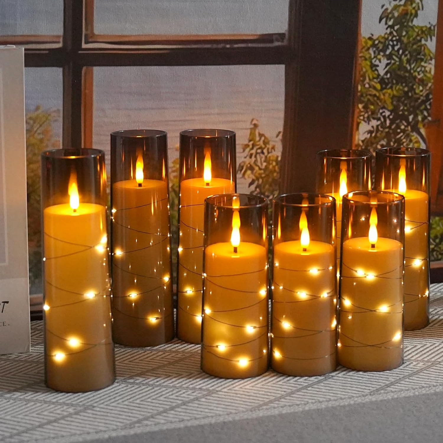 kakoya Flameless LED Candles with Timer 9 Pc Flickering Flameless Candles for Romantic Ambiance and Home Decoration Stable Acrylic Shell,with Embedded Star String，Battery Operated Candles（Grey）