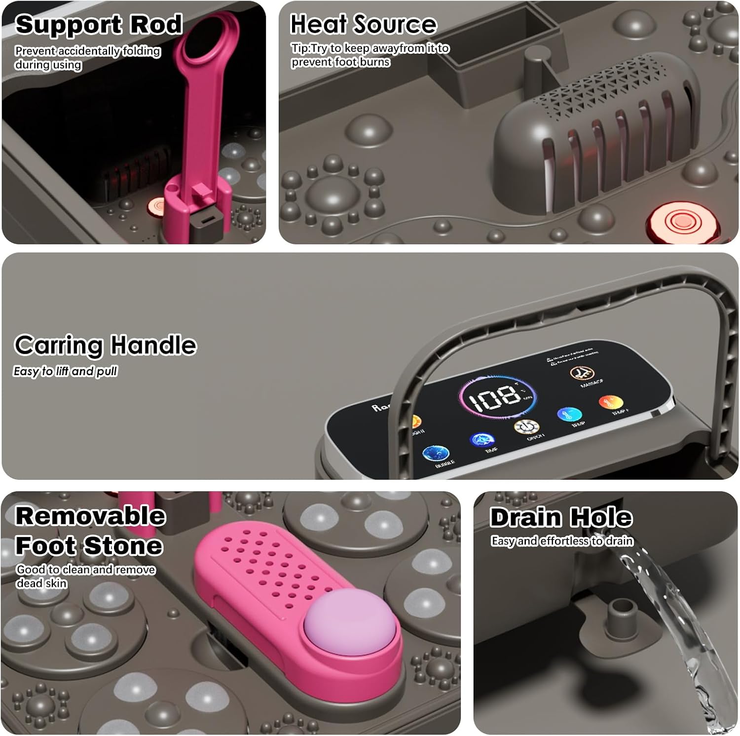 Ranjova Foot Spa Electric Rotary Massage, with Color Touch Screen and Remote Control, Foot Bath Massager with Heat, Bubble, Adjustable Temp, and 24 Motorized Shiatsu Massage Balls (Dark Grey)