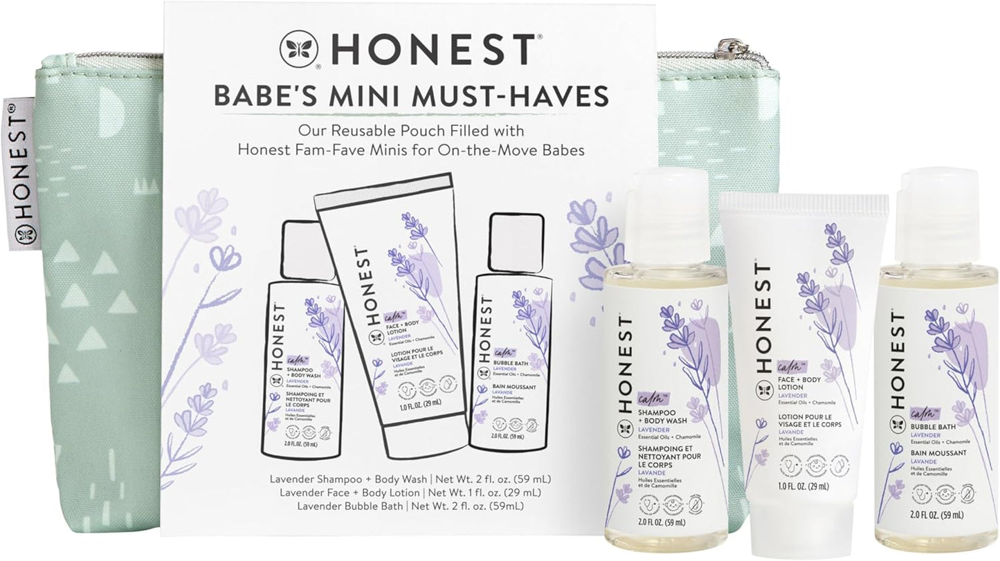 The Honest Company Babe's Mini Must Haves Gift Set Travel Size Hypoallergenic Lavender Bathtime Essentials Shampoo Body Wash (2 fl oz) Face Lotion (1 Bubble Bath