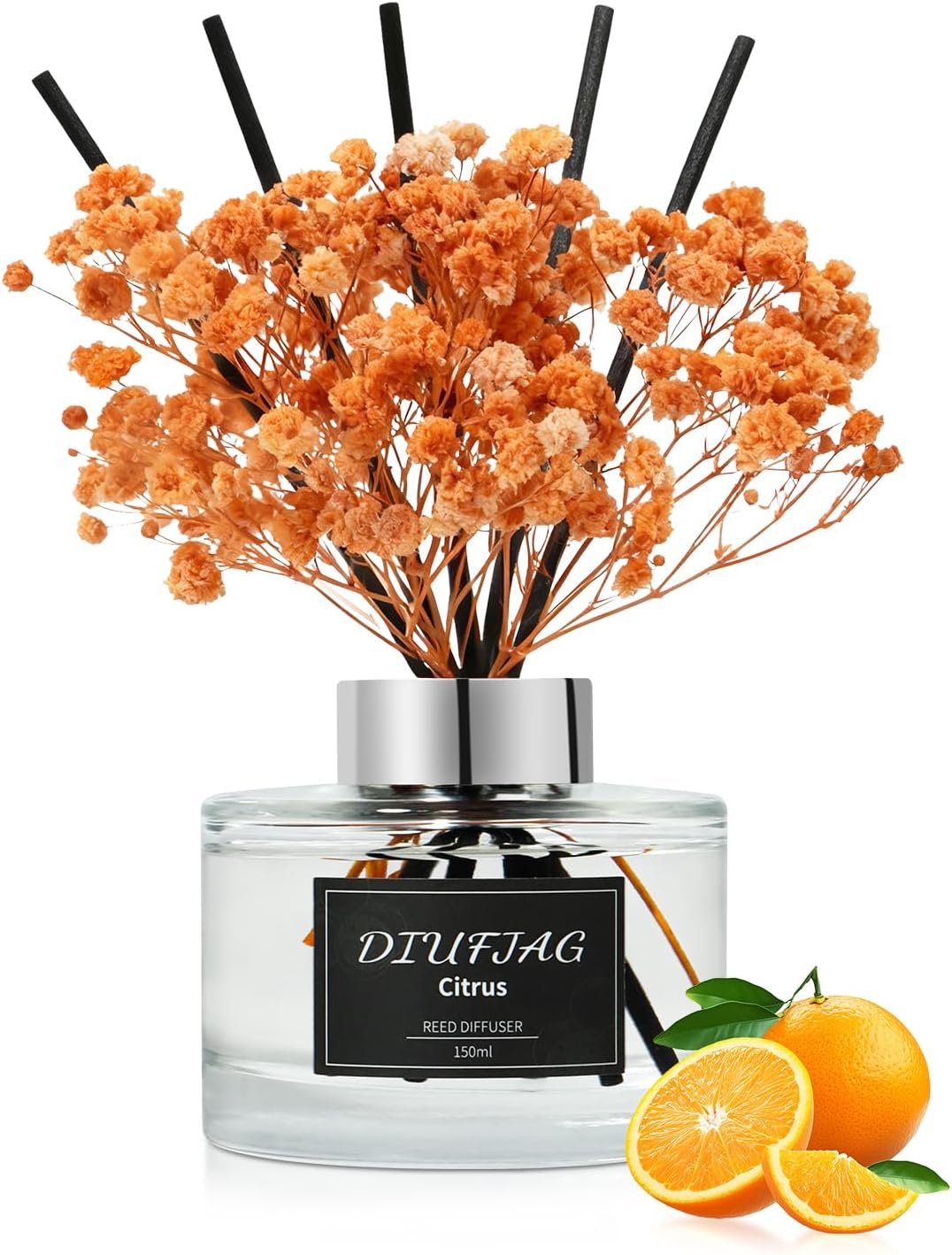 Citrus Reed Diffuser Set, 5.07 fl oz Scented Oil Diffuser with 8 Sticks & Dried Flowers, Home Fragrance for Living Room Bedroom Bathroom, Air Freshener Decor Gift