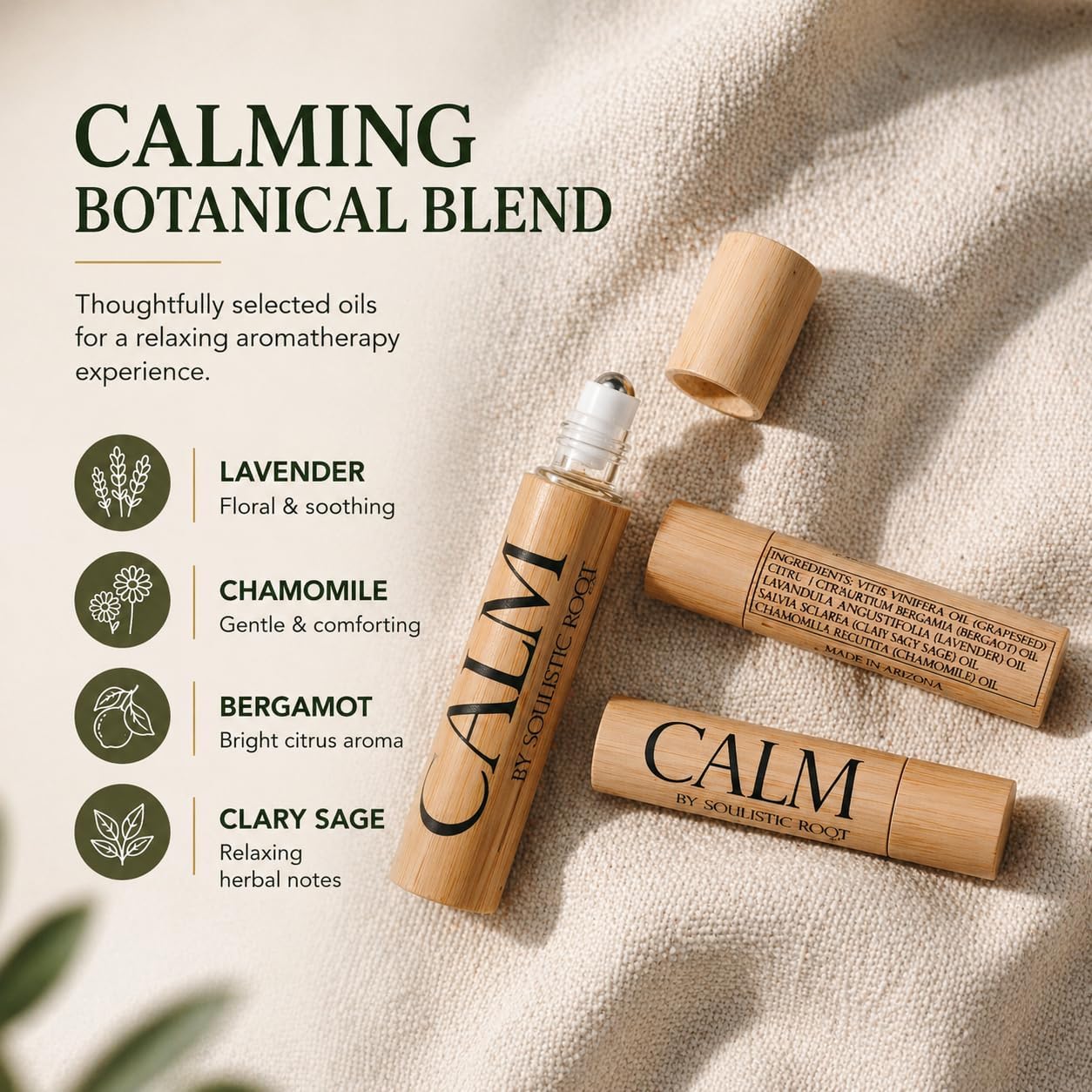 Calm Essential Oil Roller – Aromatherapy Roll On with Lavender & Chamomile – Calming Essential Oil Rollerball for Women, Self Care, Travel, Meditation & Wellness Gift – 10ml | Soulistic Root
