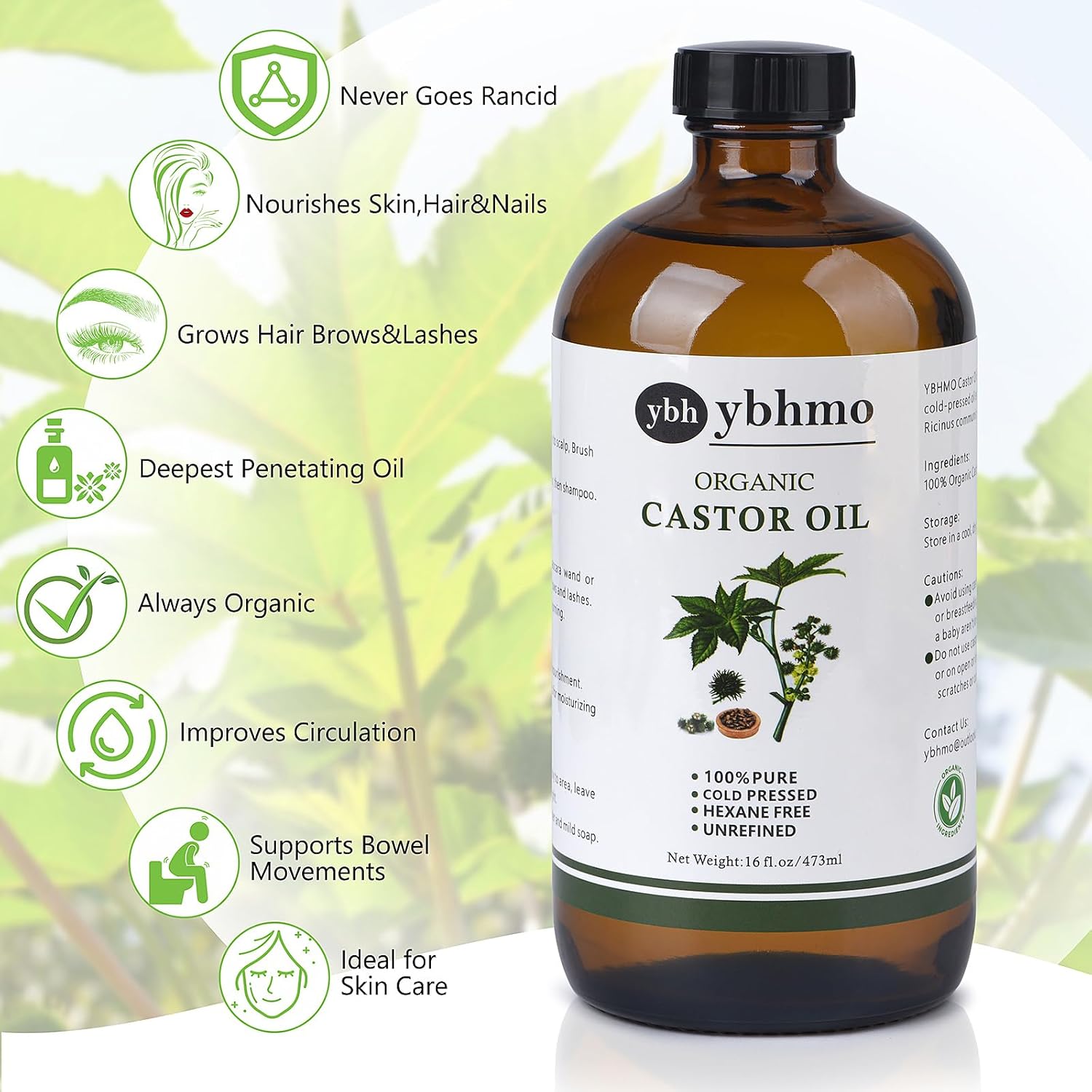 YBHMO Cold Pressed Castor Oil Organic Glass Bottle(16 Fl Oz),100% Pure ，Hexane Free for Hair Growth & Care, Castor oil pack & Moisturize Body Skin