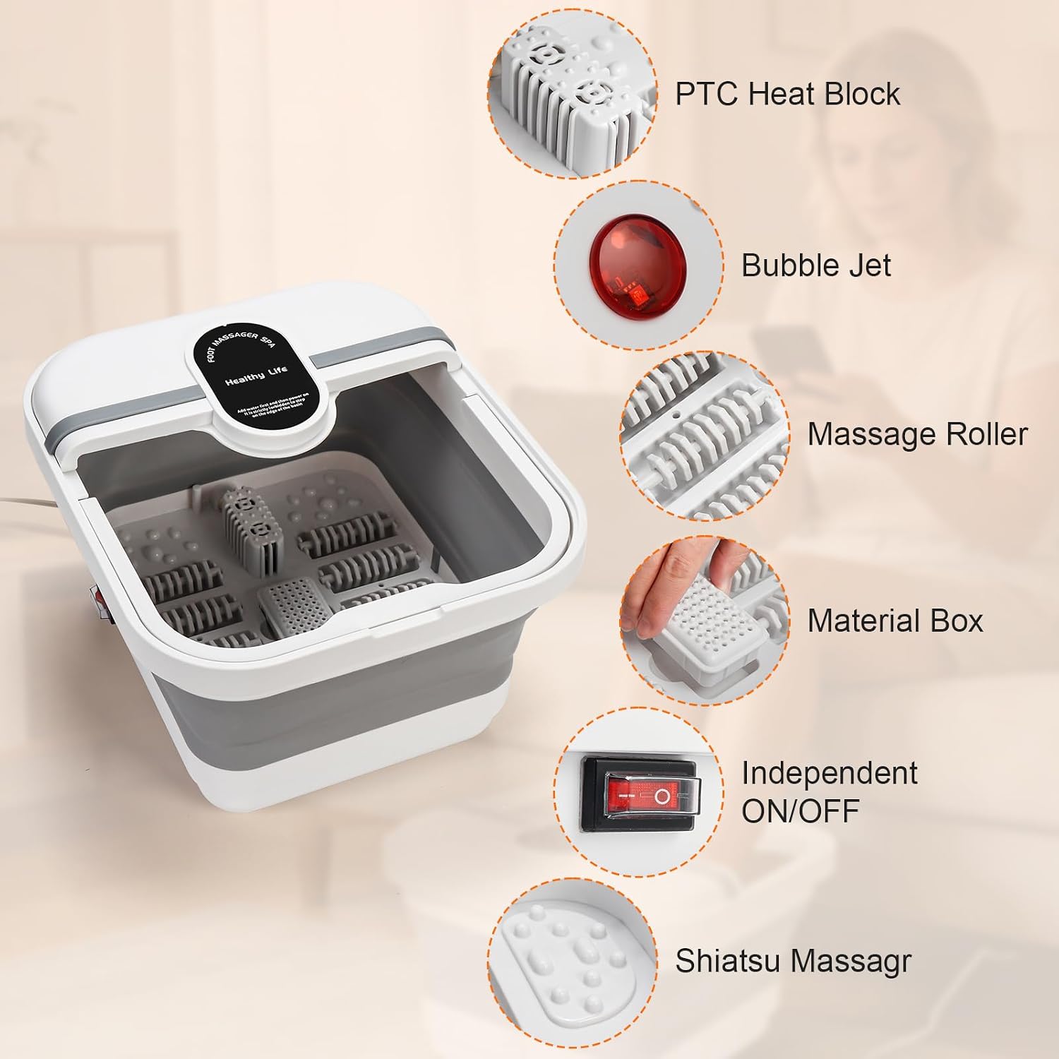Collapsible Foot Spa Bath Massager with Heat, Bubble, Foot Soaking Tub with Handles, Foot Pedicure Kit, Temperature Control, Massage Rollers, Collapsible Bucket for Cleaning