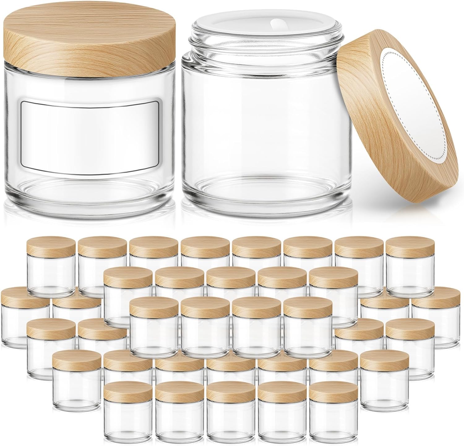 4 oz Glass Jar with Lids, 48 Pack Small Glass Candle Jars with Lids & Sticker, Empty Cosmetic Containers for Sample, Cream, Spice, Lotion, Ointments（Plastic Woodgrain）