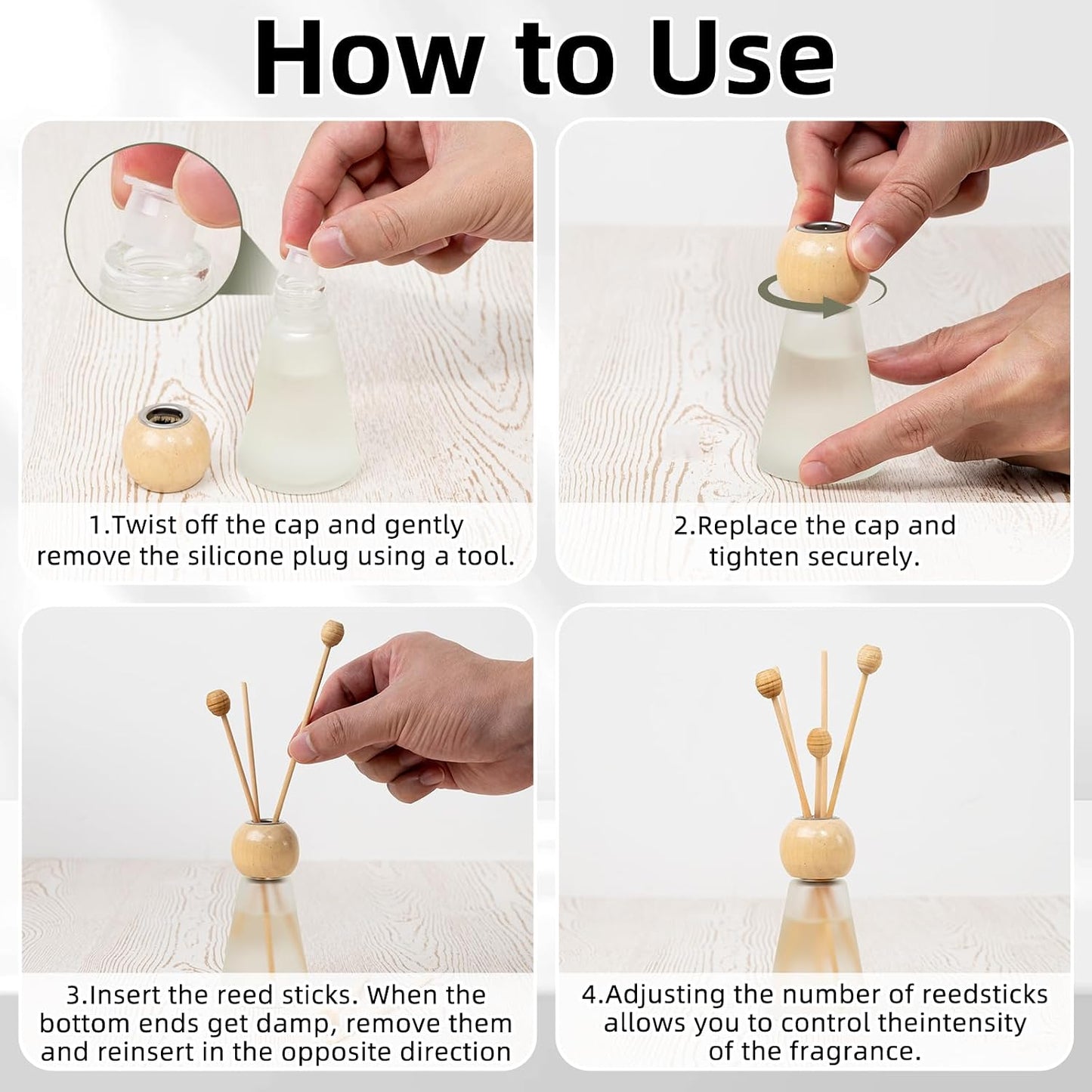 Reed Diffuser Set, Freesia Scent with Reed Sticks, 1.7 fl oz / 50ml Cone-Shaped Bottle with Round Wooden Cap, Ideal for Bathroom, Bedroom, Office, Home Fragrance for Shelf Decor Air Freshener