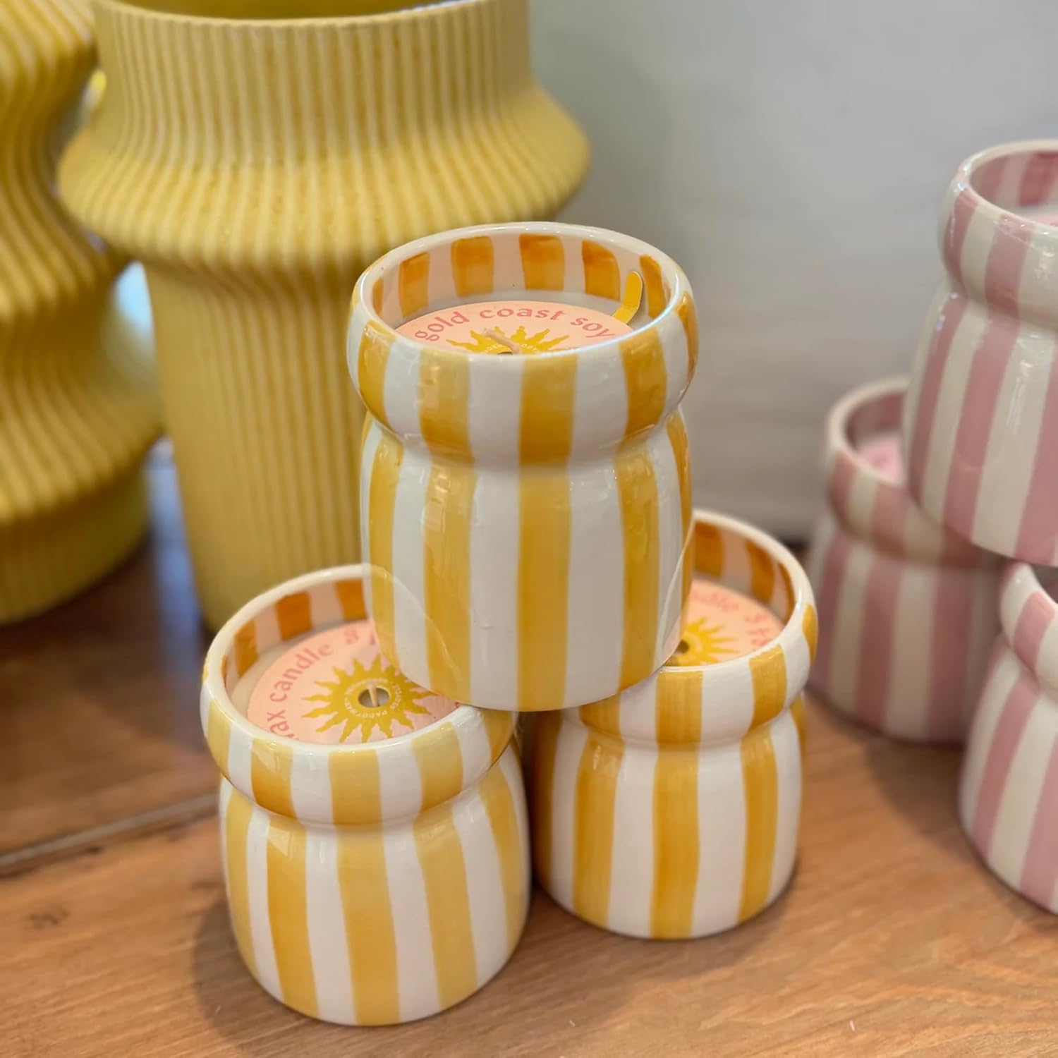 Paddywax Cabana Hand-Painted Scented Candle in Ceramic Reusable Food Safe Jar, Clean-Burn Soy Candle with Approx. 42 Hour Burn Time, Ochre – Gold Coast, 6.5 oz