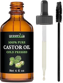 GreenIVe 100% Pure Castor Oil – Cold-Pressed, Hexane-Free – Hair, Eyebrows, Eyelashes, Skin Moisturizer, Castor Pack Wrap Oil Glass Bottle (4 Fl oz)