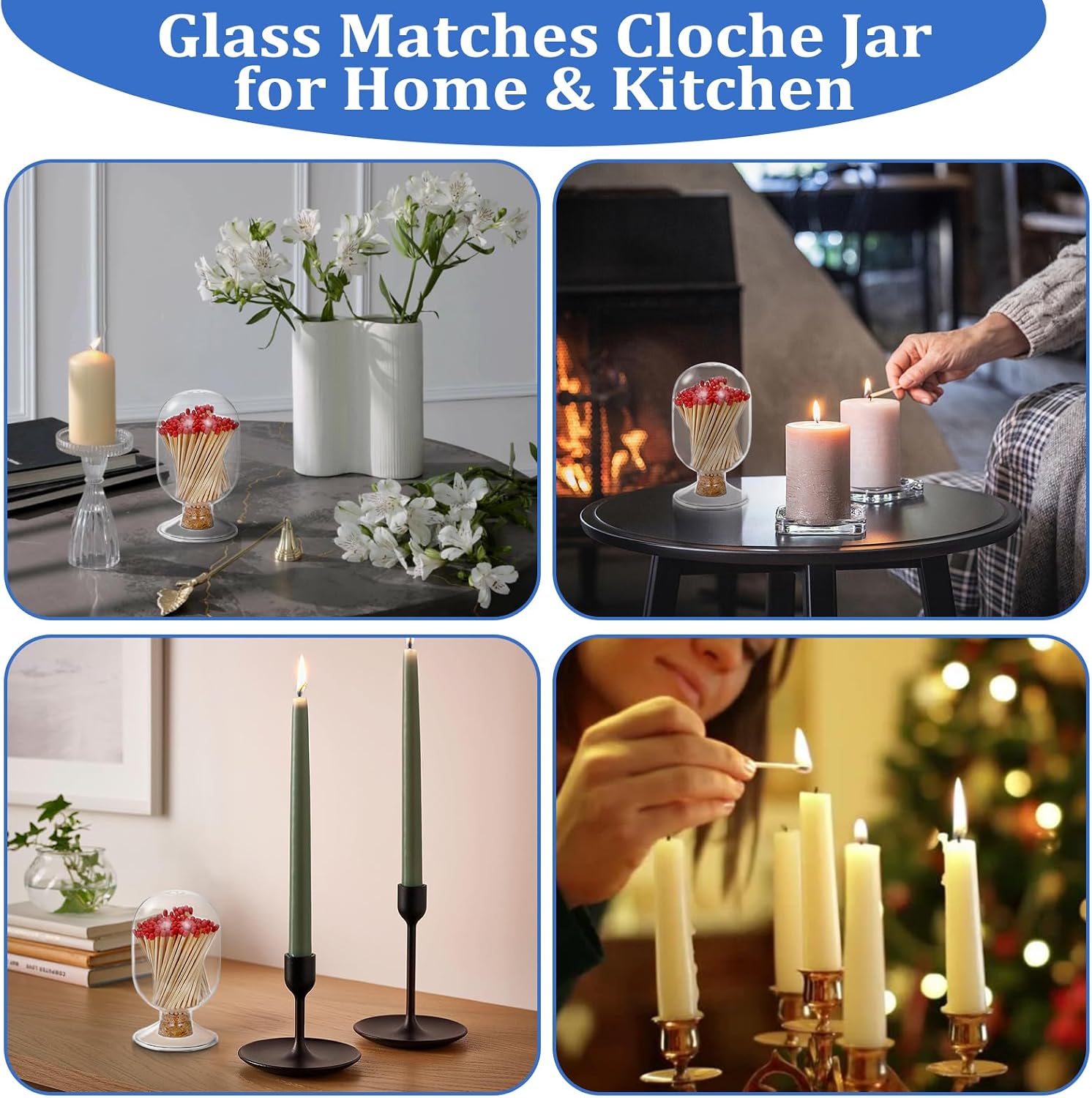 OwnMy 3 Inch Glass Match Cloche Decorative Glass Match Holder Jar with Cork Stopper, Clear Glass Matches Box Matchstick Holder Organizer for Home Bathroom Fireplace Candle Use (NOT Includes Matches)