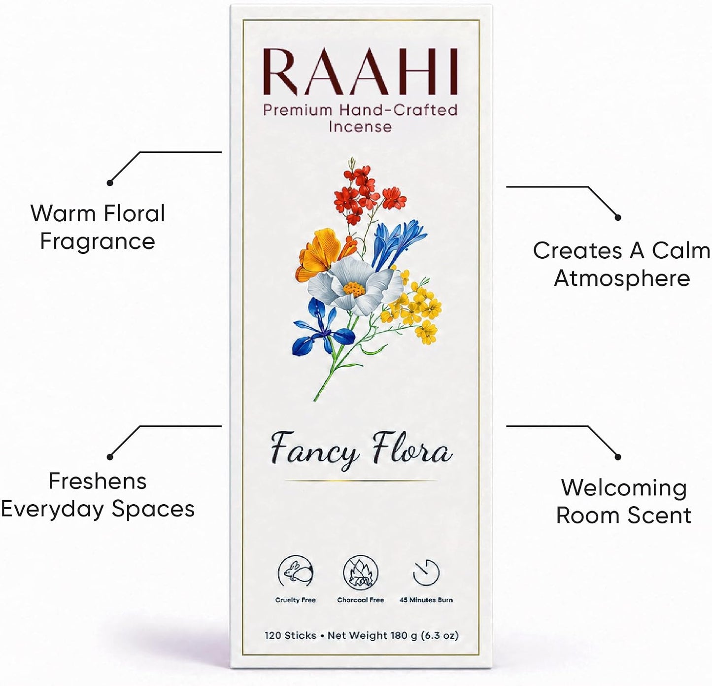 RAAHI Fancy Flora Incense Sticks with Holder, 120 Count, Handcrafted Scented Incense for Home Fragrance, Meditation, Yoga and Room Ambiance