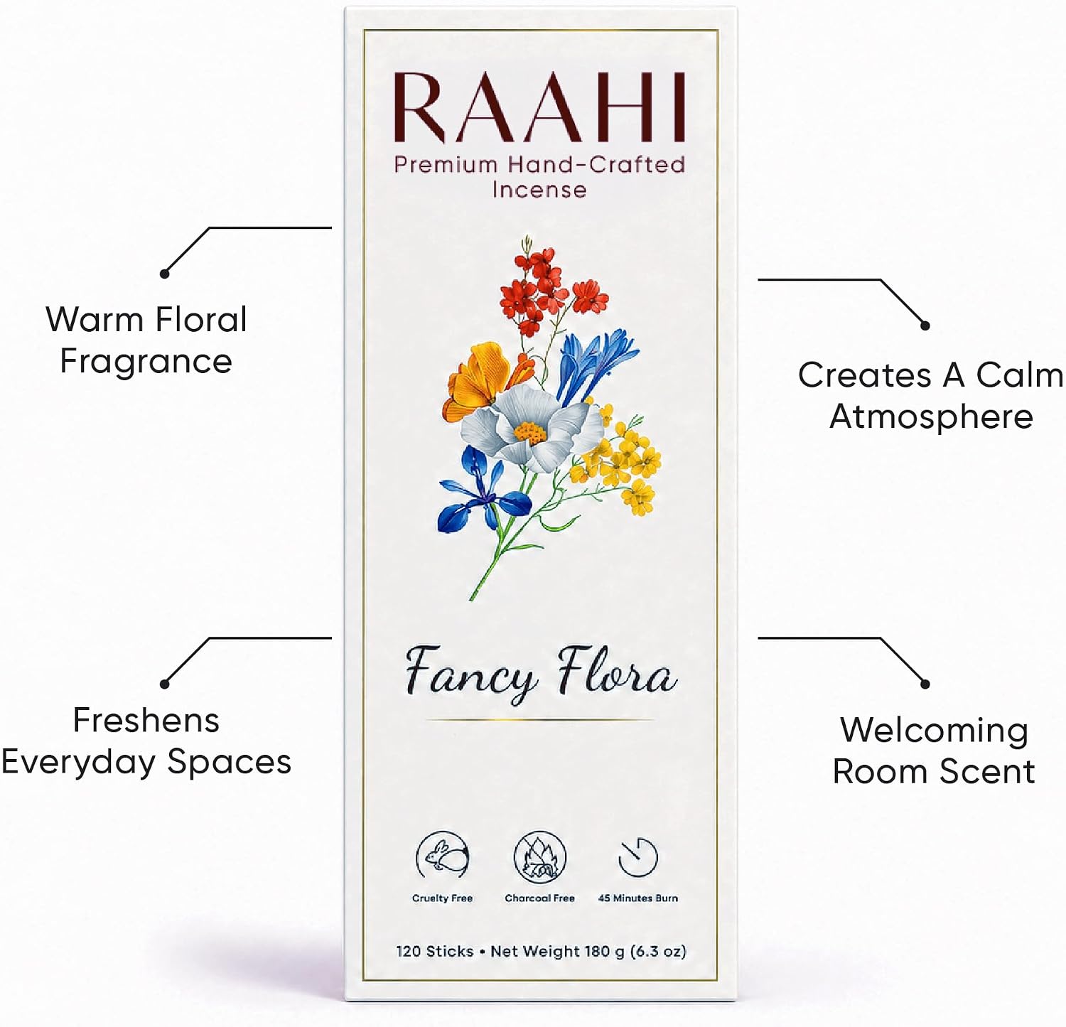 RAAHI Fancy Flora Incense Sticks with Holder, 120 Count, Handcrafted Scented Incense for Home Fragrance, Meditation, Yoga and Room Ambiance