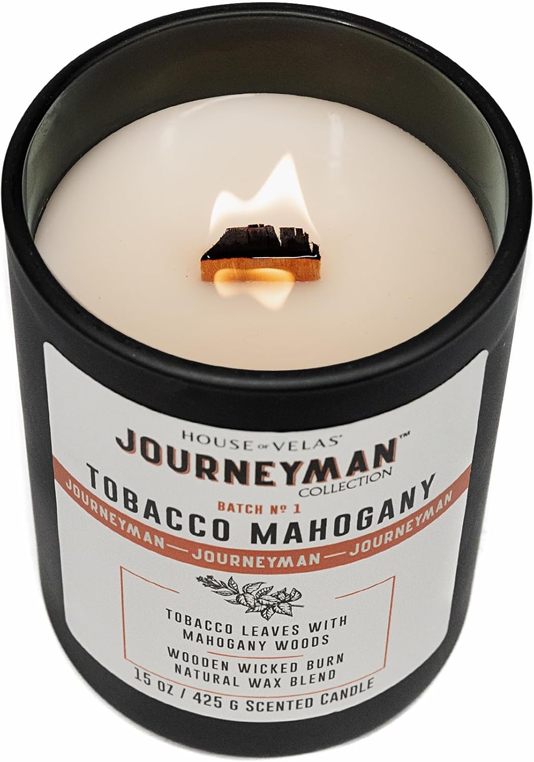 House of Velas Journeyman Collection Candle, 15oz, Wooden Wick, Tobacco Mahogany, Large Painted Jar