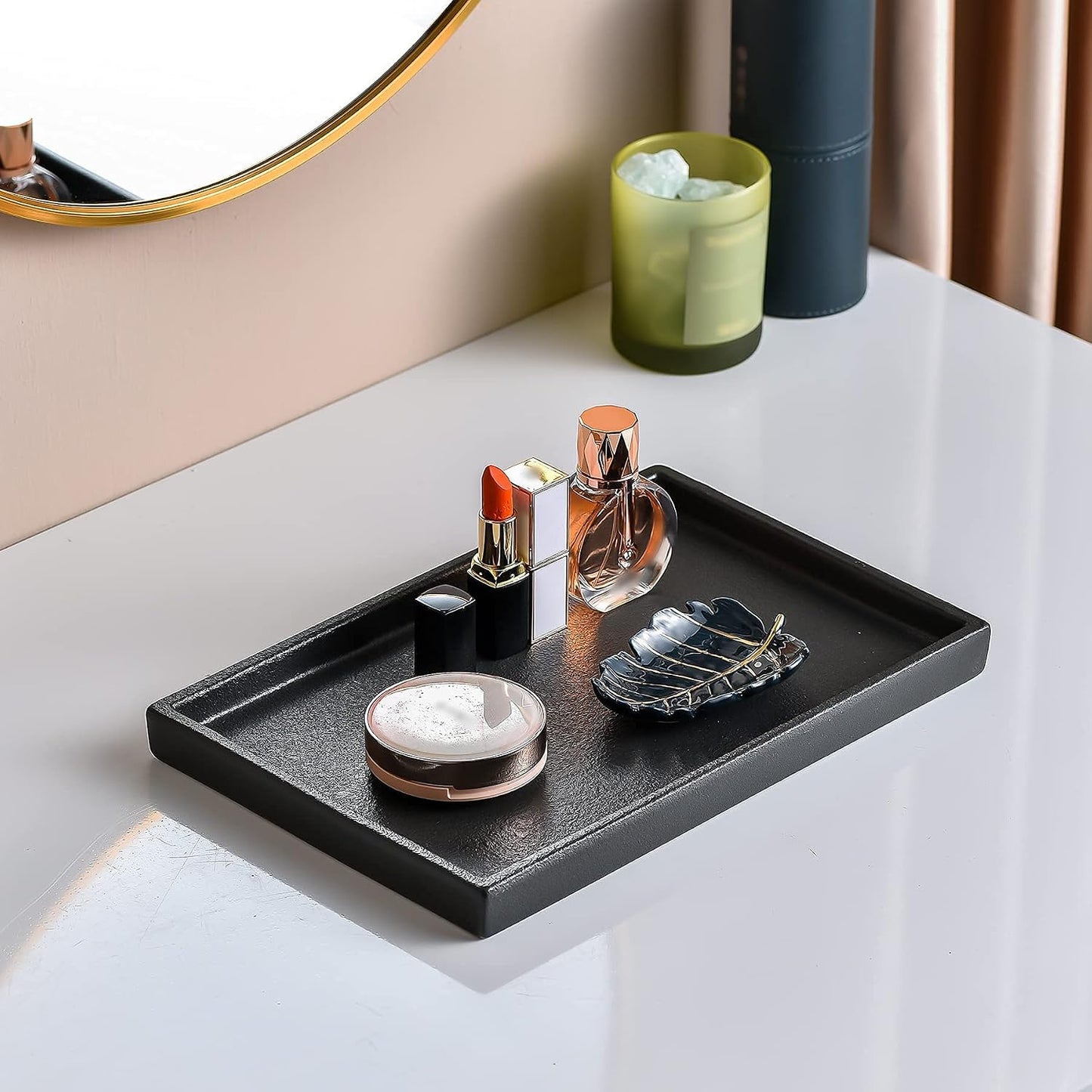 Ceramic Bathroom Sink Tray, Black Graininess Vanity Tray Decor Perfume Trays for Dresser Holder for Jewelry Candle Soap Plant Towel Cosmetic Organizer Rectangle Large