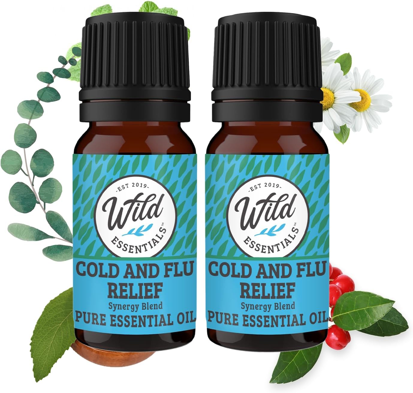 Wild Essentials Cold and Flu Relief 100% Pure Essential Oil Synergy Blend 2 Pack 10ml, Therapeutic Grade Formula for Congestion, Aches, Pain and Muscle Relief, migraines, Made in The USA