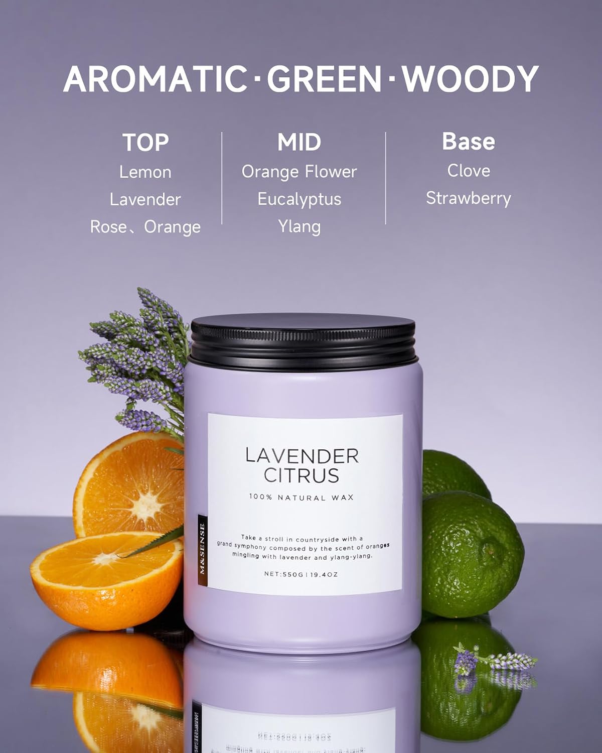 M&SENSE Lavender Citrus Candles, 19.4oz 110H Burn Time Large Natural Soy Candles for Home Scented, Stress Relief Aromatherapy Gifts for Mom Friends Teacher & Spa, Bath, Yoga