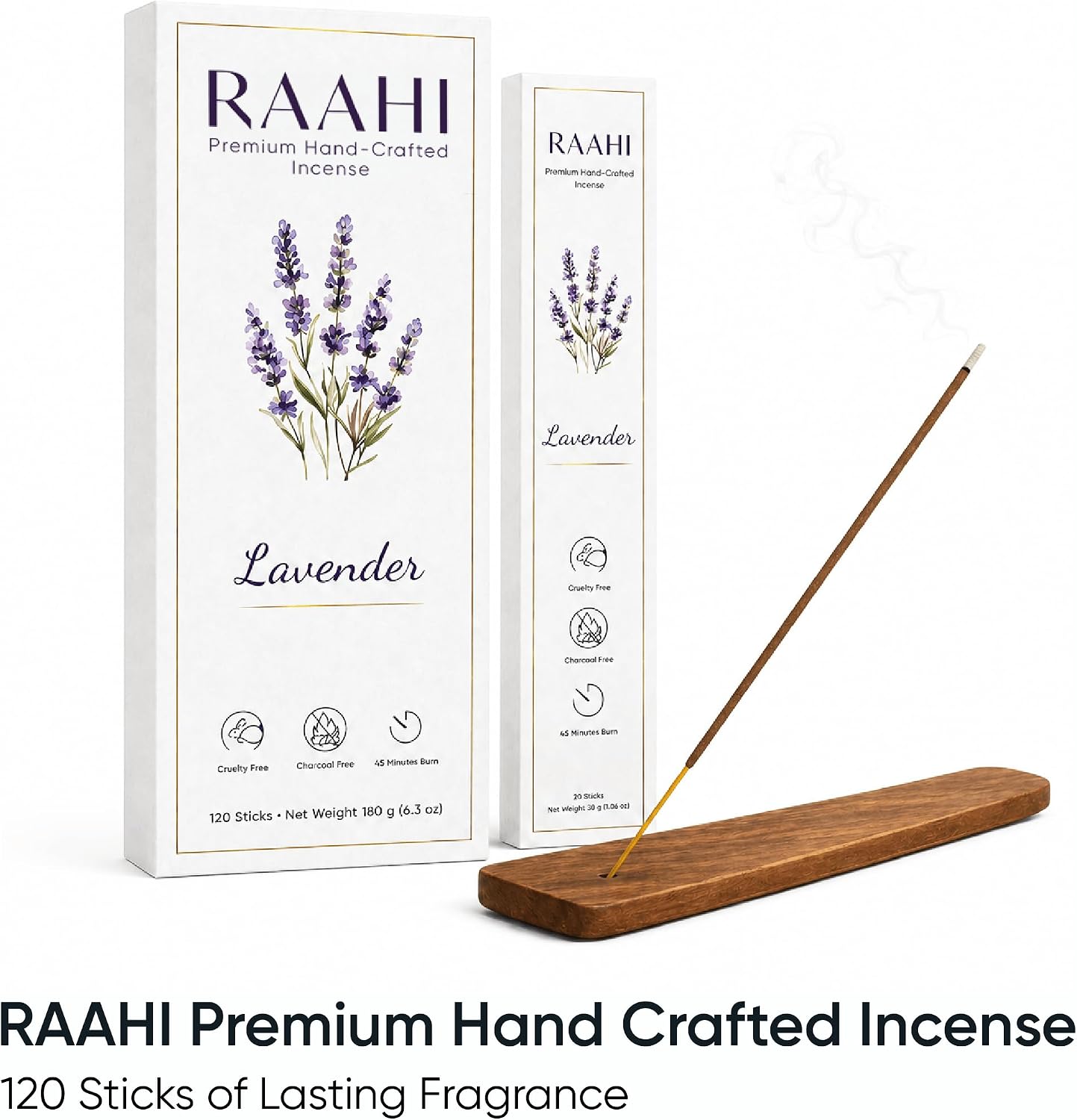 RAAHI Lavender Incense Sticks with Holder, 120 Count, Handcrafted Scented Incense for Home Fragrance, Meditation, Yoga and Room Ambiance