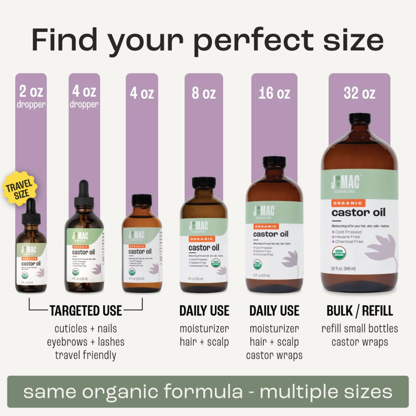 J MAC BOTANICALS Organic Castor Oil Cold Pressed in Amber Glass Bottle (16 oz) USDA Certified, Hexane Free - Moisturizing Oil for Hair, Skin, Face, Eyelashes, Brows, Nails, and Castor Wraps