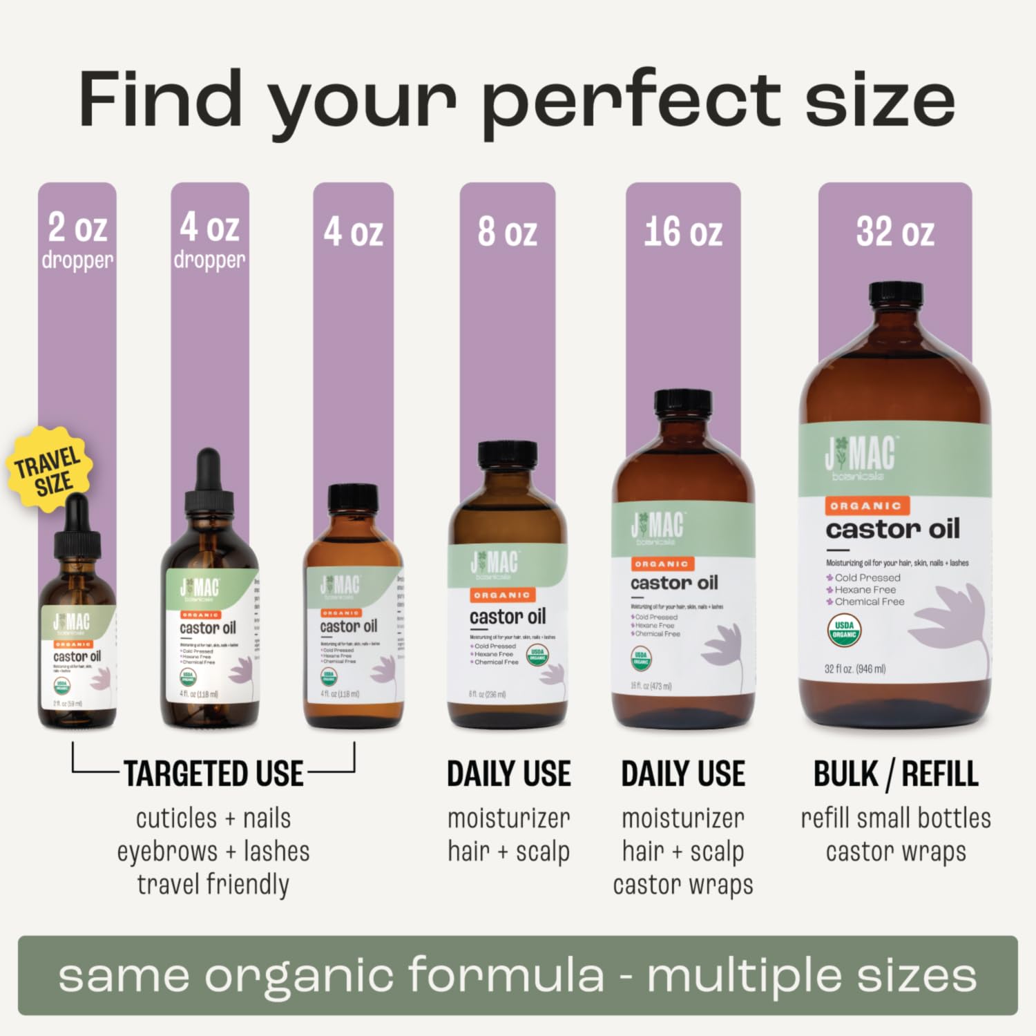 J MAC BOTANICALS Organic Castor Oil Cold Pressed in Amber Glass Bottle (16 oz) USDA Certified, Hexane Free - Moisturizing Oil for Hair, Skin, Face, Eyelashes, Brows, Nails, and Castor Wraps