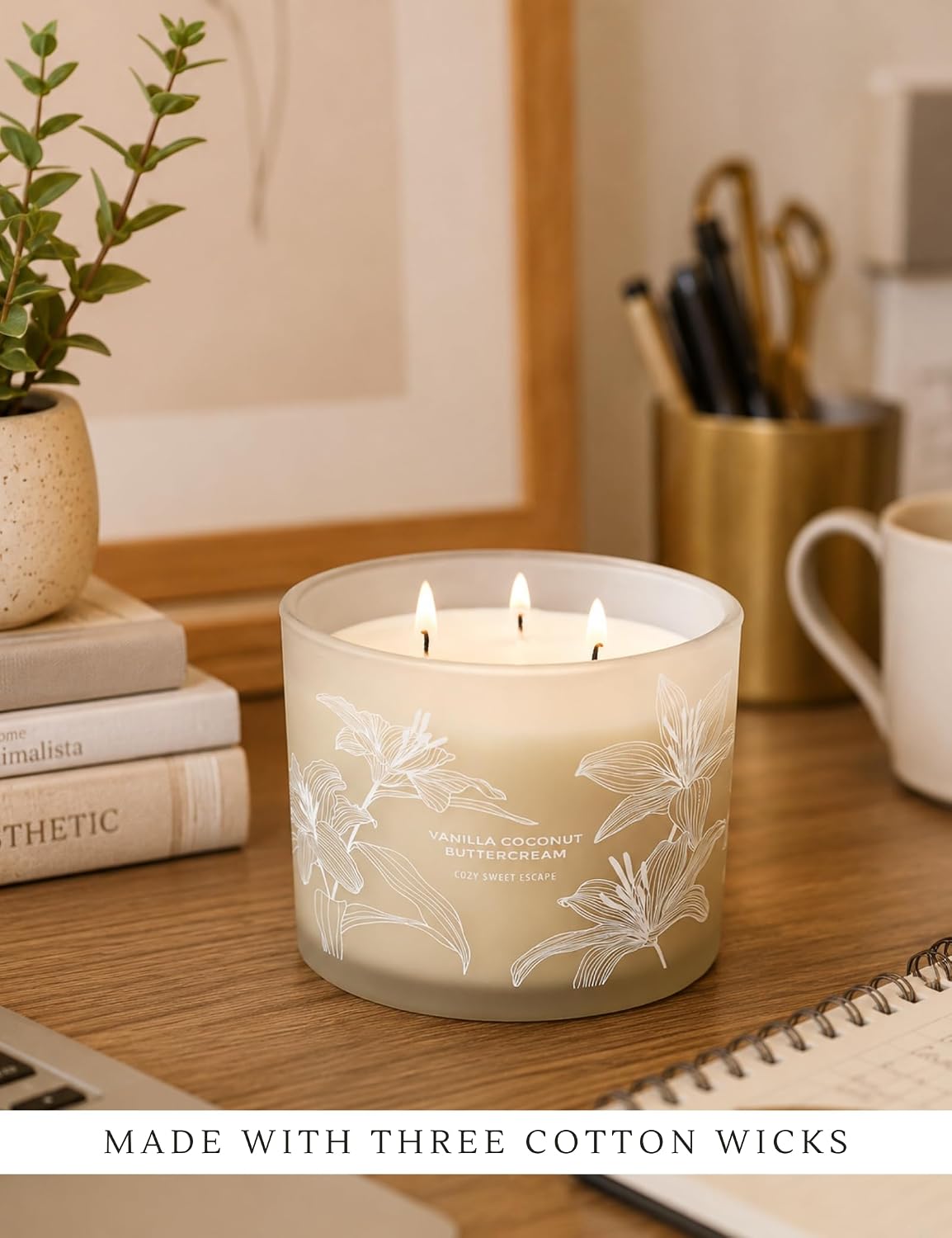 Vanilla Coconut Buttercream Candle | Large 3 Wick Scented Soy Candle for Home | 14.5oz Vanilla Coconut Aromatherapy Candle | Vanilla Cupcake Candle | Long Lasting Clean Burn | Gift for Women & Men