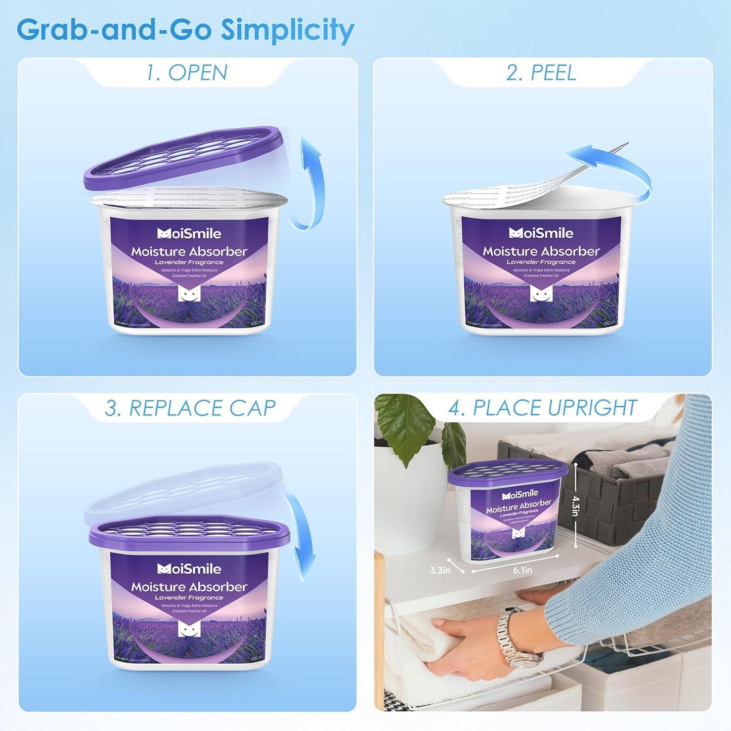 Moisture Absorbers, Fast Acting Lavender Scent Humidity Absorber & Odor Eliminator for Closet, Bathroom, Basement, Car & RV, 3 Pack