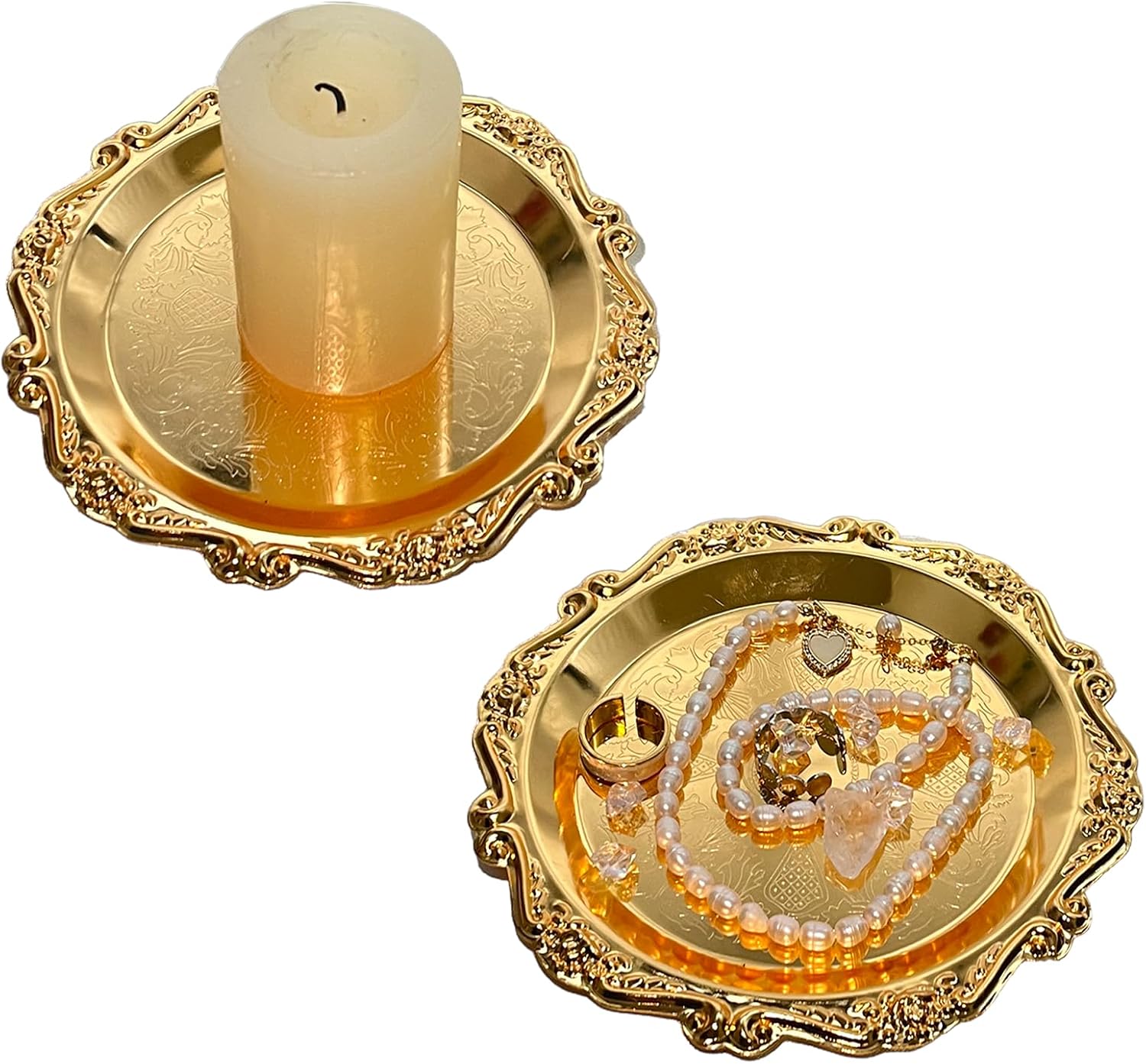 Pillar Candle Holder Set of 2 Jewelry Dish Ring Holder Candle Stand Decorative Metal Plate Vanity Tray for Weding Home Decor (Gold)