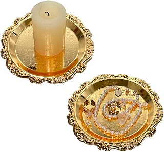 Pillar Candle Holder Set of 2 Jewelry Dish Ring Holder Candle Stand Decorative Metal Plate Vanity Tray for Weding Home Decor (Gold)
