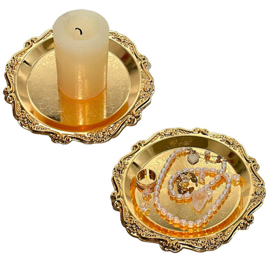 Pillar Candle Holder Set of 2 Jewelry Dish Ring Holder Candle Stand Decorative Metal Plate Vanity Tray for Weding Home Decor