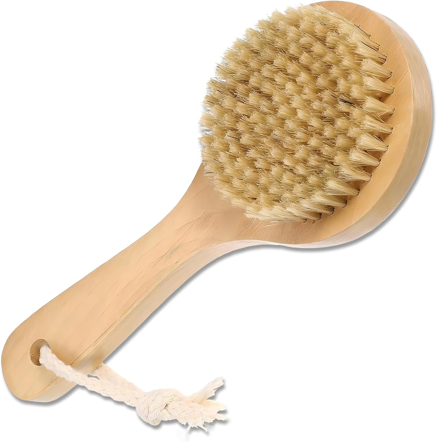 Dry Bath Body Brush with Short Handle, Natural Bristles Back Scrubber, Anti-Slip Wooden Handle for Exfoliation, Blood Circulation, and Cellulite Reduction, Brown