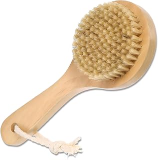 Dry Bath Body Brush with Short Handle, Natural Bristles Back Scrubber, Anti-Slip Wooden Handle for Exfoliation, Blood Circulation, and Cellulite Reduction, Brown