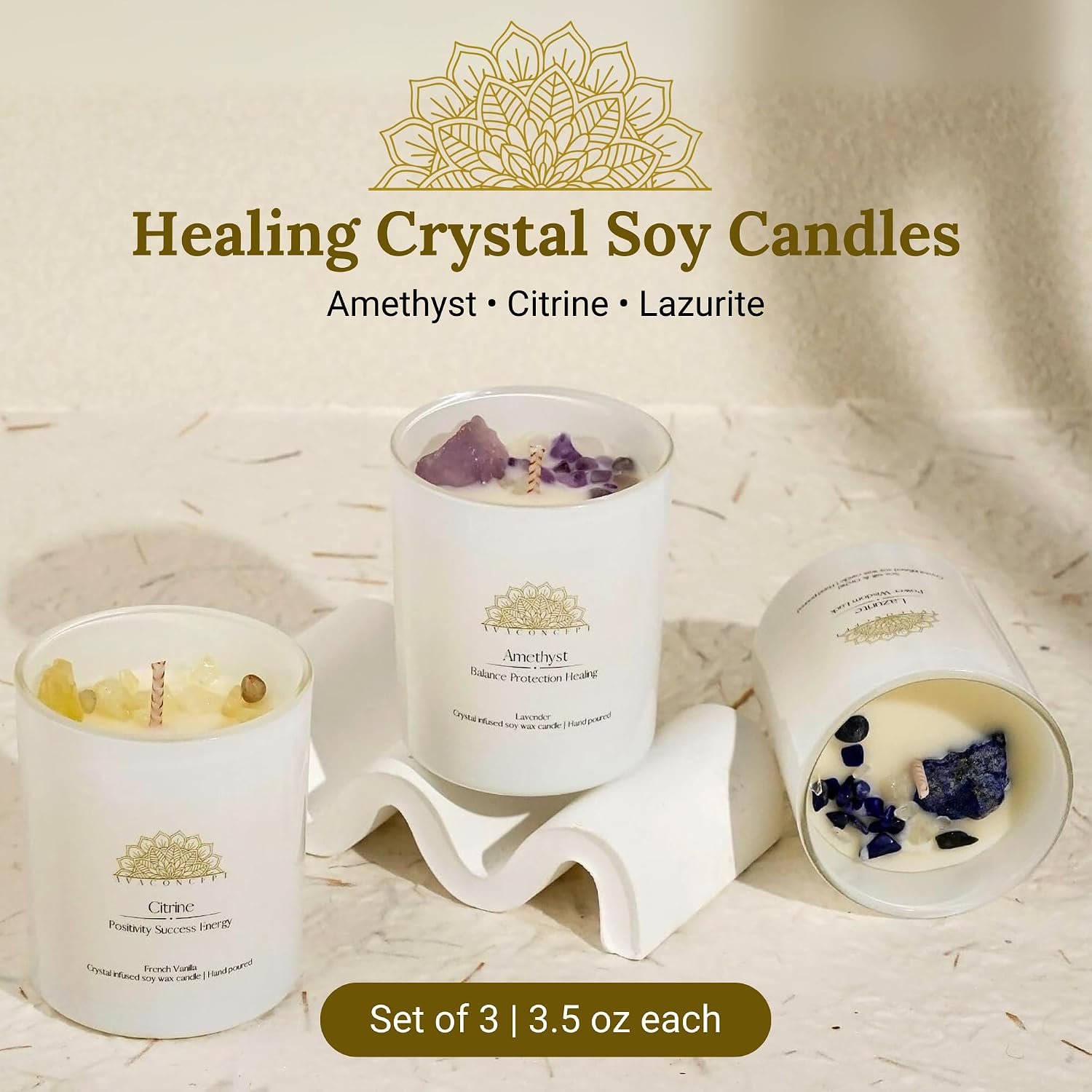 AvaConcept Healing Crystal Candle Gift Set – Set of 3 Citrine, Amethyst & Lazurite Hand-Poured Soy Wax French Vanilla, Lavender & Sea Salt Orchid Aromatherapy Scents 3.5oz Each | Premium Gift Box